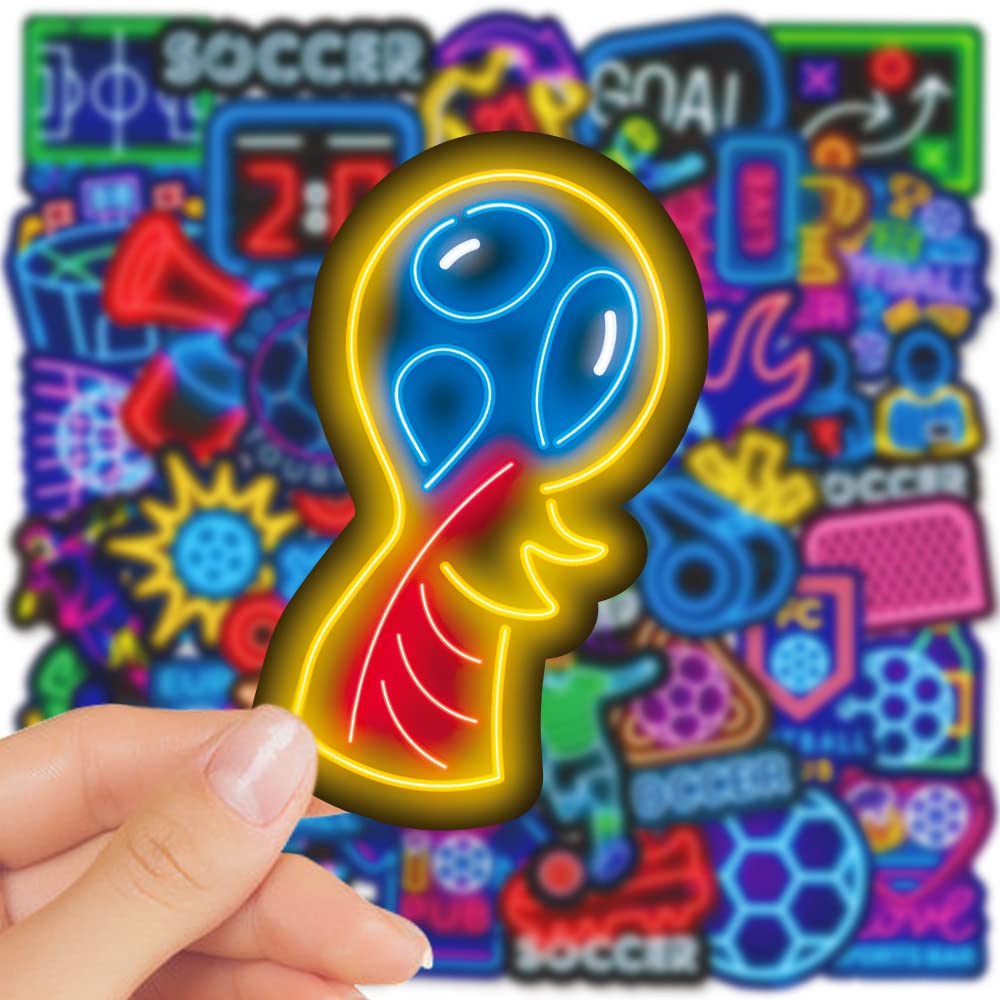 Shouqiuzhonglv 50Pcs Neon Soccer Stickers – Waterproof Vinyl Decor for Water Bottles, Luggage, and More