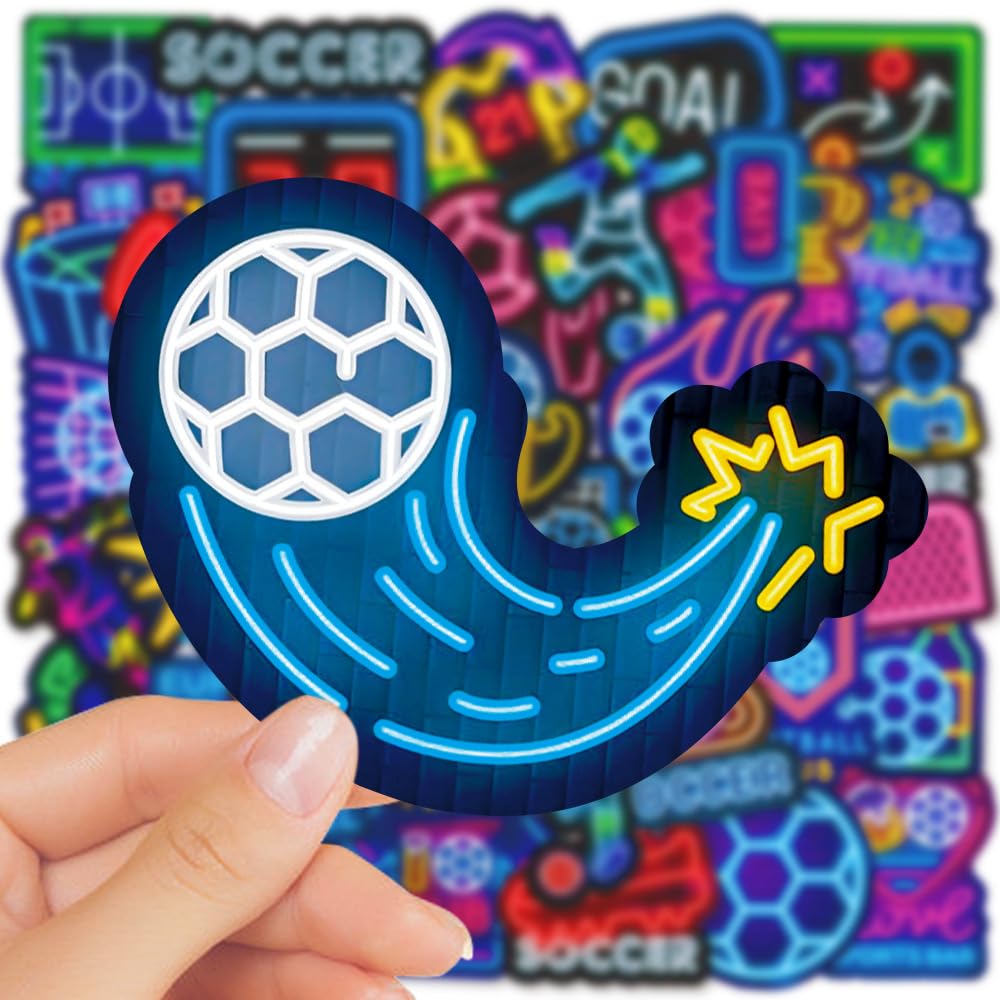 Shouqiuzhonglv 50Pcs Neon Soccer Stickers – Waterproof Vinyl Decor for Water Bottles, Luggage, and More