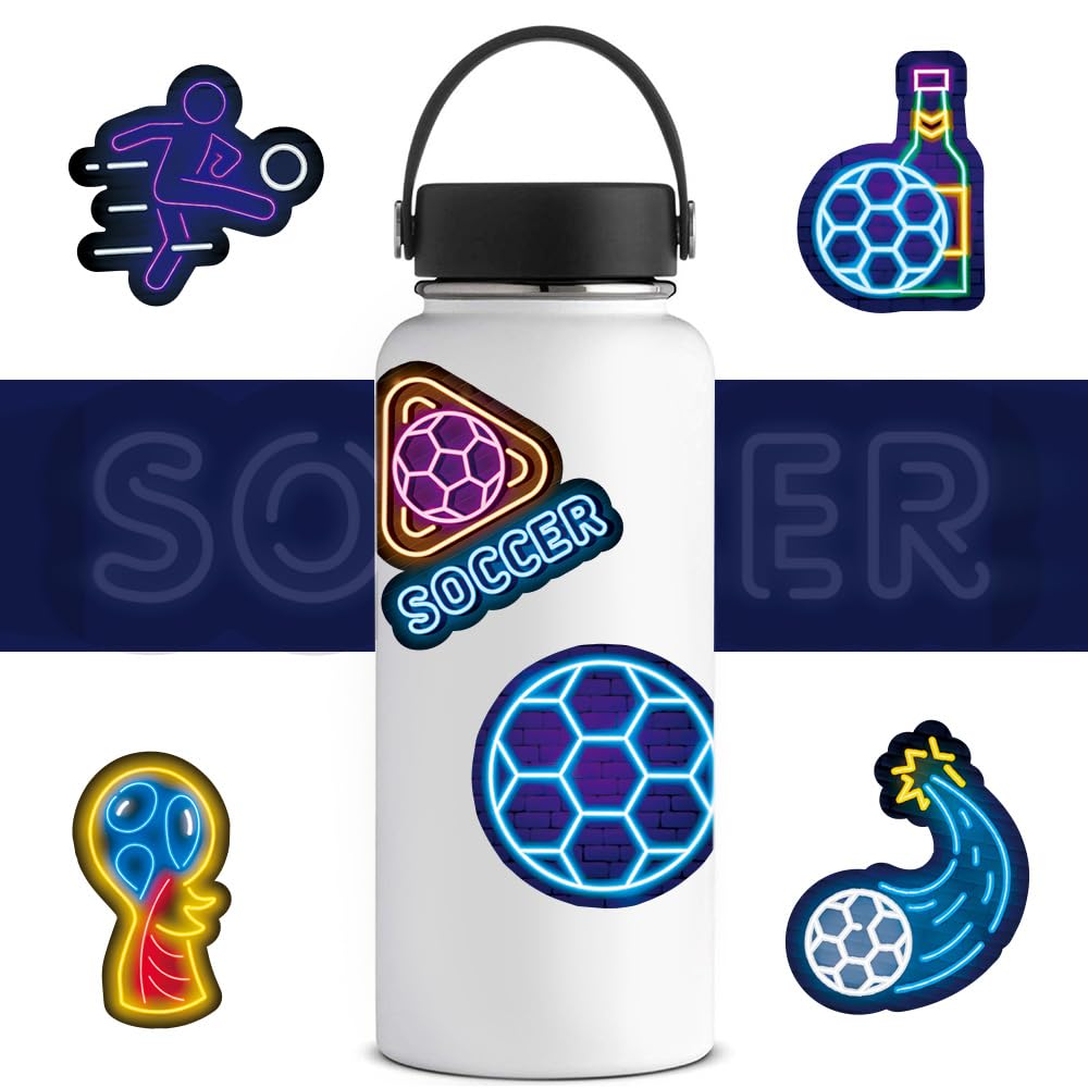 Shouqiuzhonglv 50Pcs Neon Soccer Stickers – Waterproof Vinyl Decor for Water Bottles, Luggage, and More