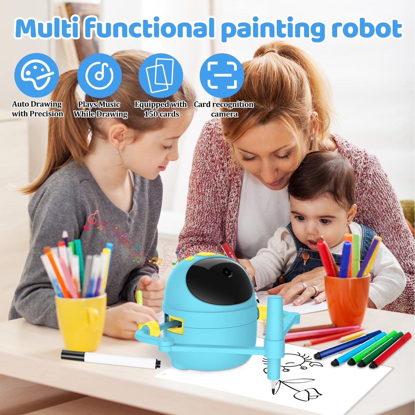 Shovira Drawing Robot for Kids – Card-Sensing Camera, 150 Cards, 17 Markers, Voice Guide