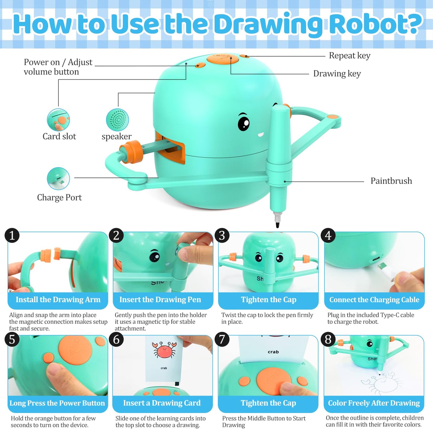 Shovira Drawing Robot for Kids – Step-by-Step Art, 150 Cards & 17 Colorful Pens