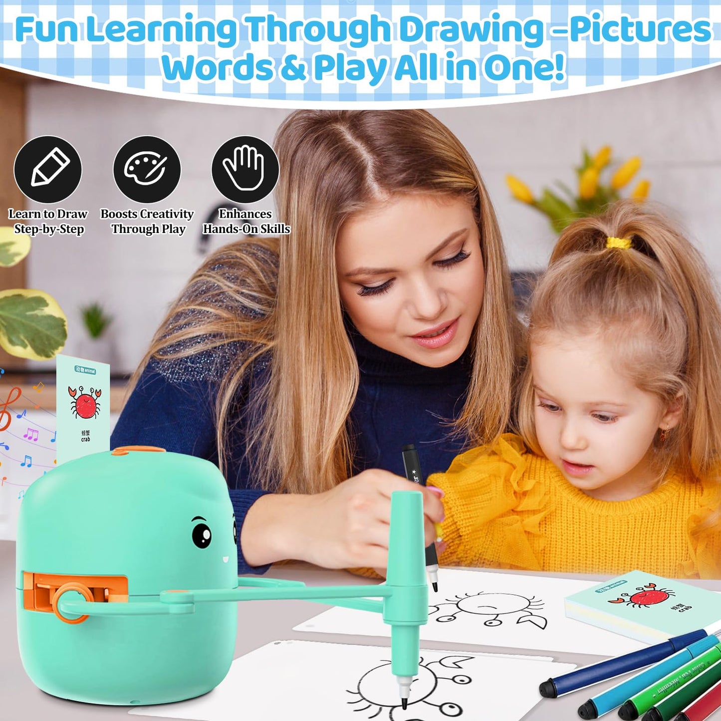 Shovira Drawing Robot for Kids – Step-by-Step Art, 150 Cards & 17 Colorful Pens