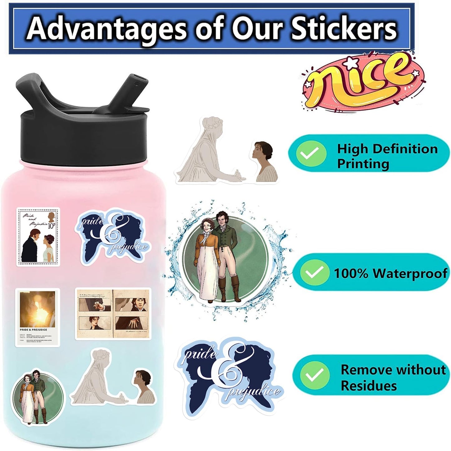 SHOWSUP Pride and Prejudice Stickers – 50 Waterproof Vinyl Decals for Laptops, Water Bottles & More