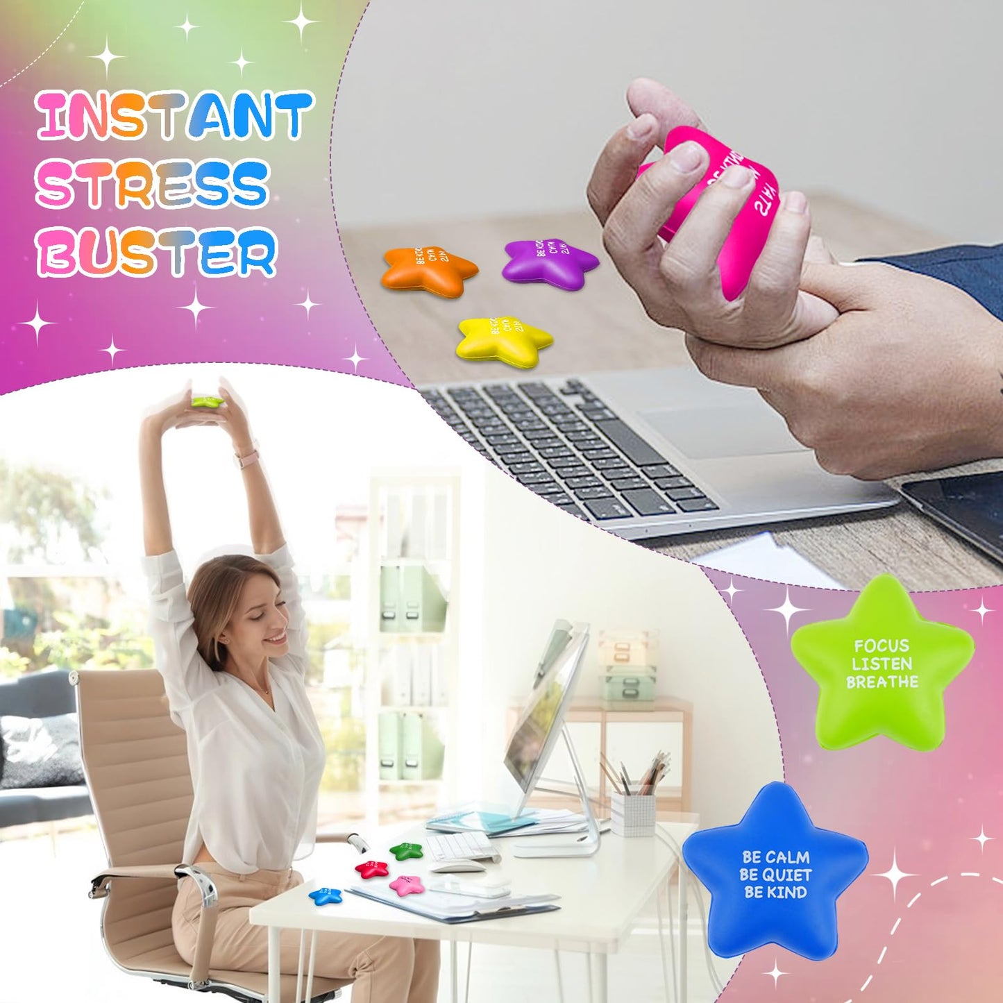 SHQDD 100PCS Bulk Star Stress Balls – Motivational Fidget Toys for Adults & Kids