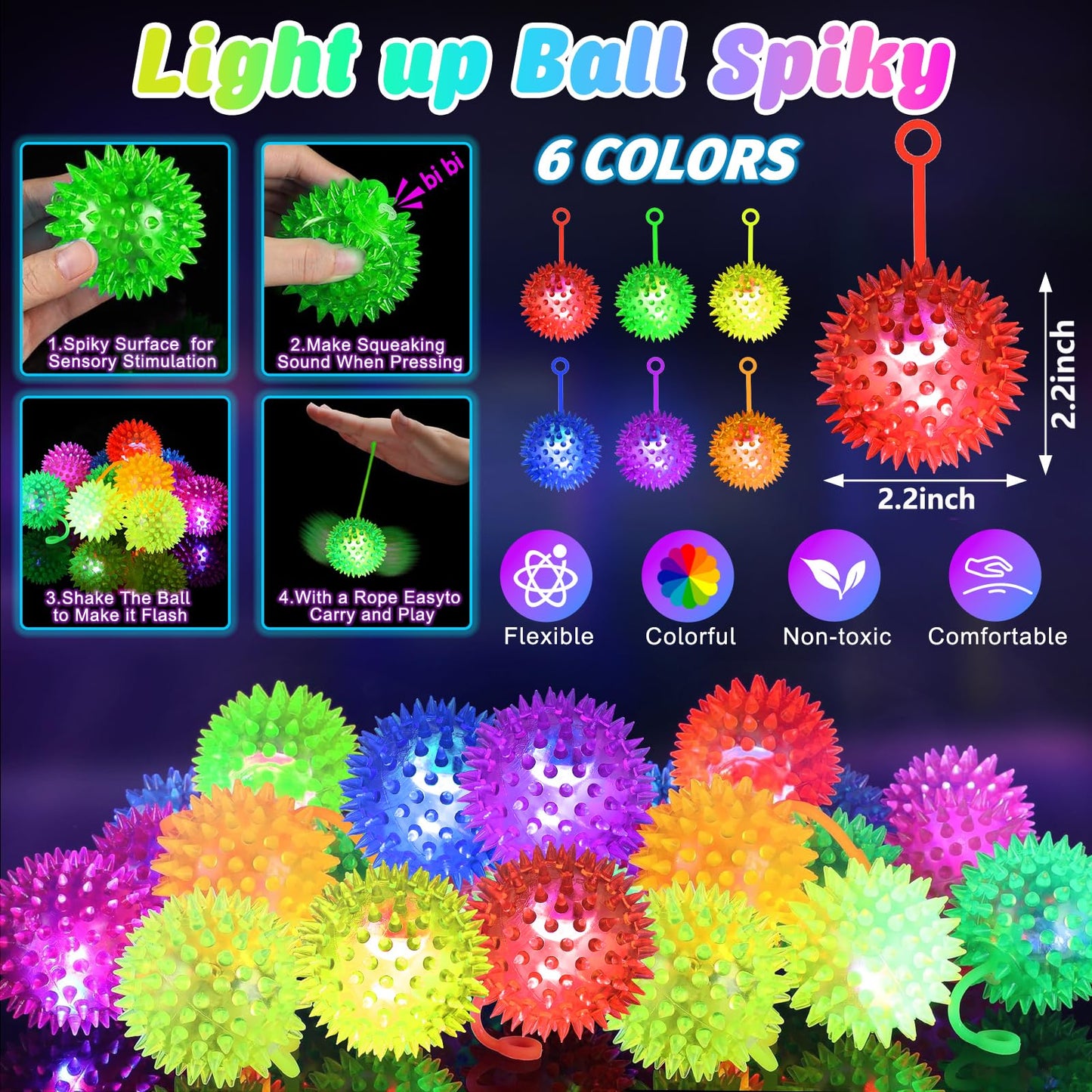 SHQDD 24PCS Light Up Ball Set — 2.2inch Flashing Bouncy Balls for Kids, Teens & Adults
