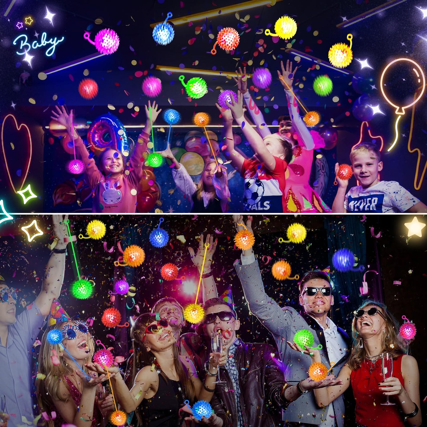 SHQDD 100PCS Light Up LED Bouncy Balls – 6 Colors, Elastic Strap, Safe Glow Toys for Kids
