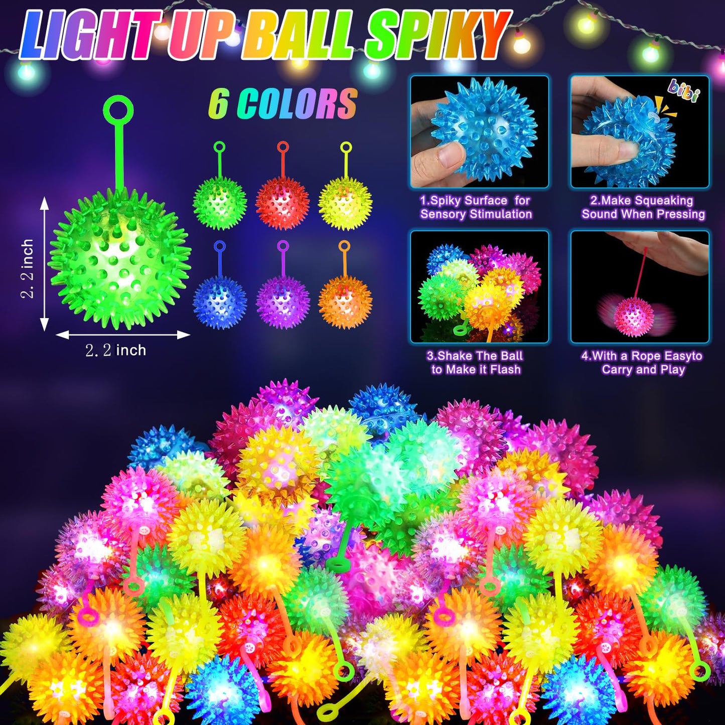 SHQDD 100PCS Light Up LED Bouncy Balls – 6 Colors, Elastic Strap, Safe Glow Toys for Kids