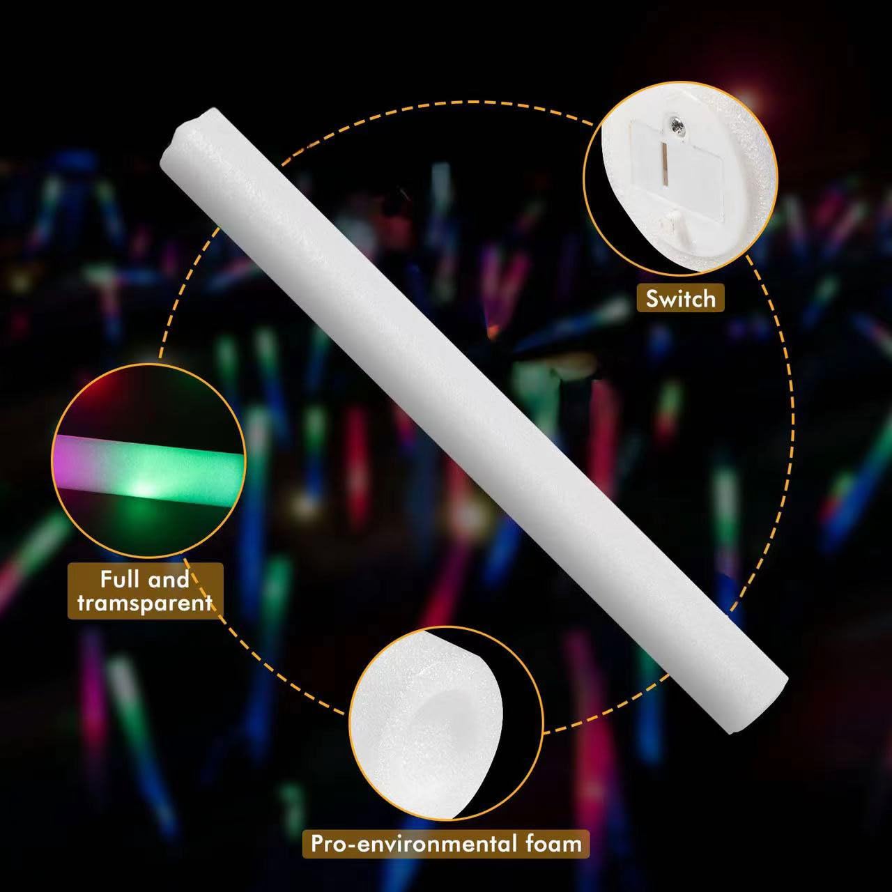 SHQDD 100PCS LED Foam Sticks - 3-Mode Colorful Glow, Glow Stick Bulk Party Pack for Weddings, Raves, Concerts