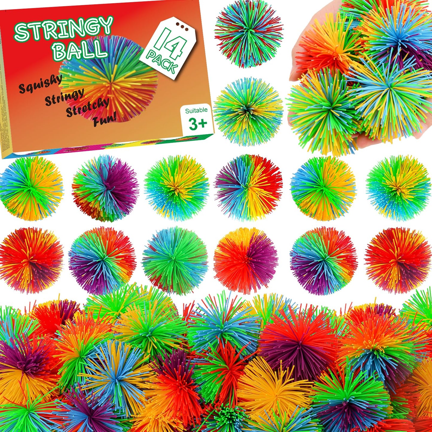 SHQDD 14PCS Stringy Balls – Rainbow Sensory Fidget Toys for Kids | Colorful, Durable Stress Balls & Stocking Stuffers