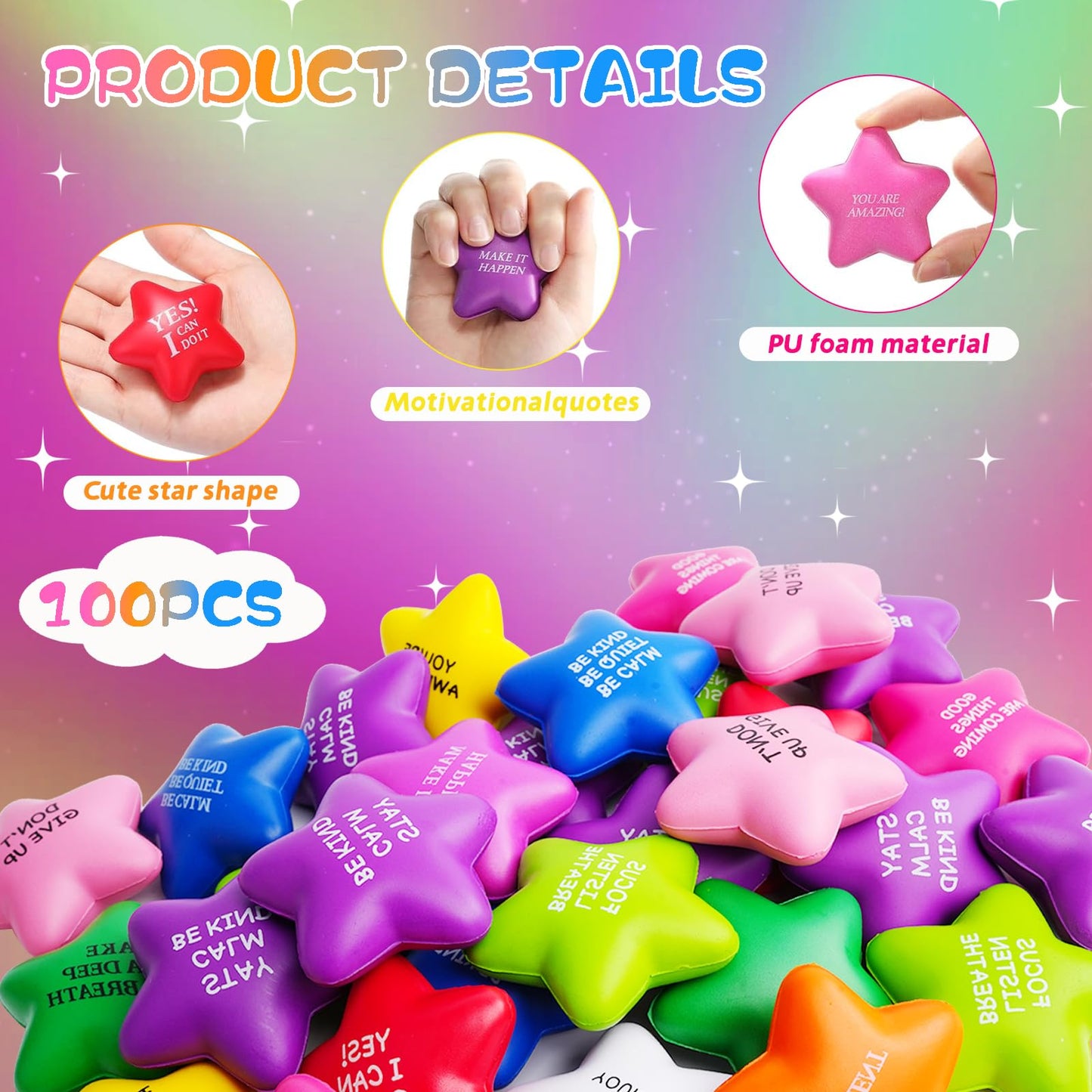 SHQDD 100PCS Bulk Star Stress Balls – Motivational Fidget Toys for Adults & Kids