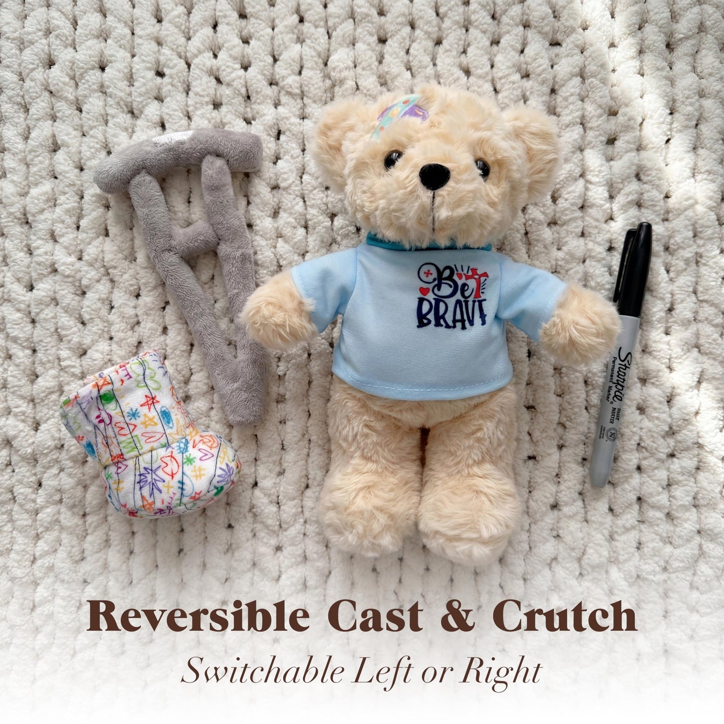 SHSEEN 10-Inch Broken Leg Teddy Bear with Reversible Cast & Crutches | Get Well Gift for Kids