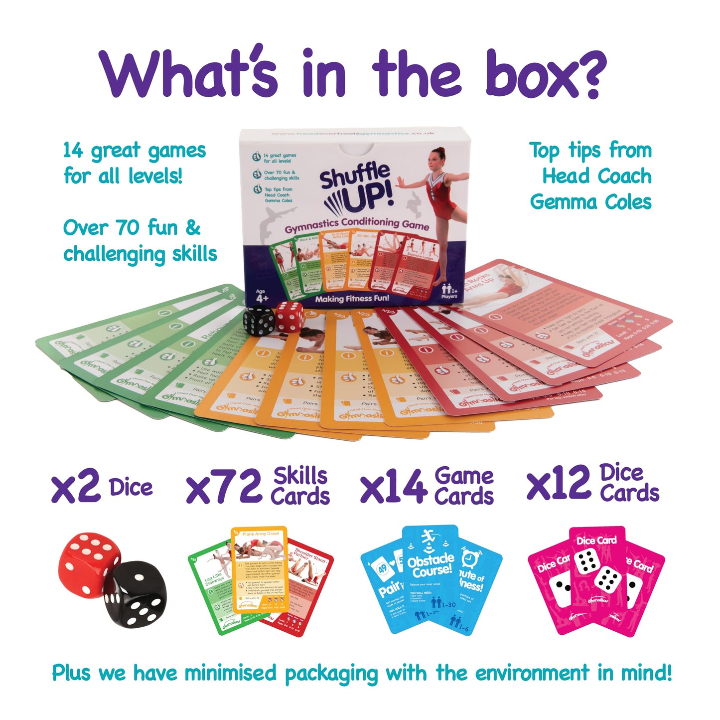 Shuffle Up Gymnastics Card Games – 70+ Active Skills Cards for Kids with 2 Dice | Easy, Fun Fitness Card Set