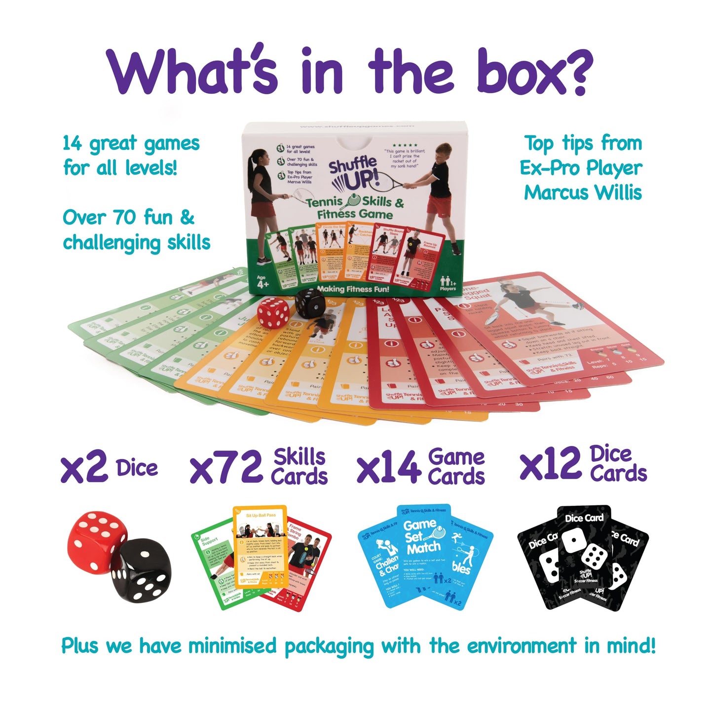 Shuffle Up Tennis Card Games – 70+ Skill Cards, 2 Dice Included, Easy Active Play for Kids