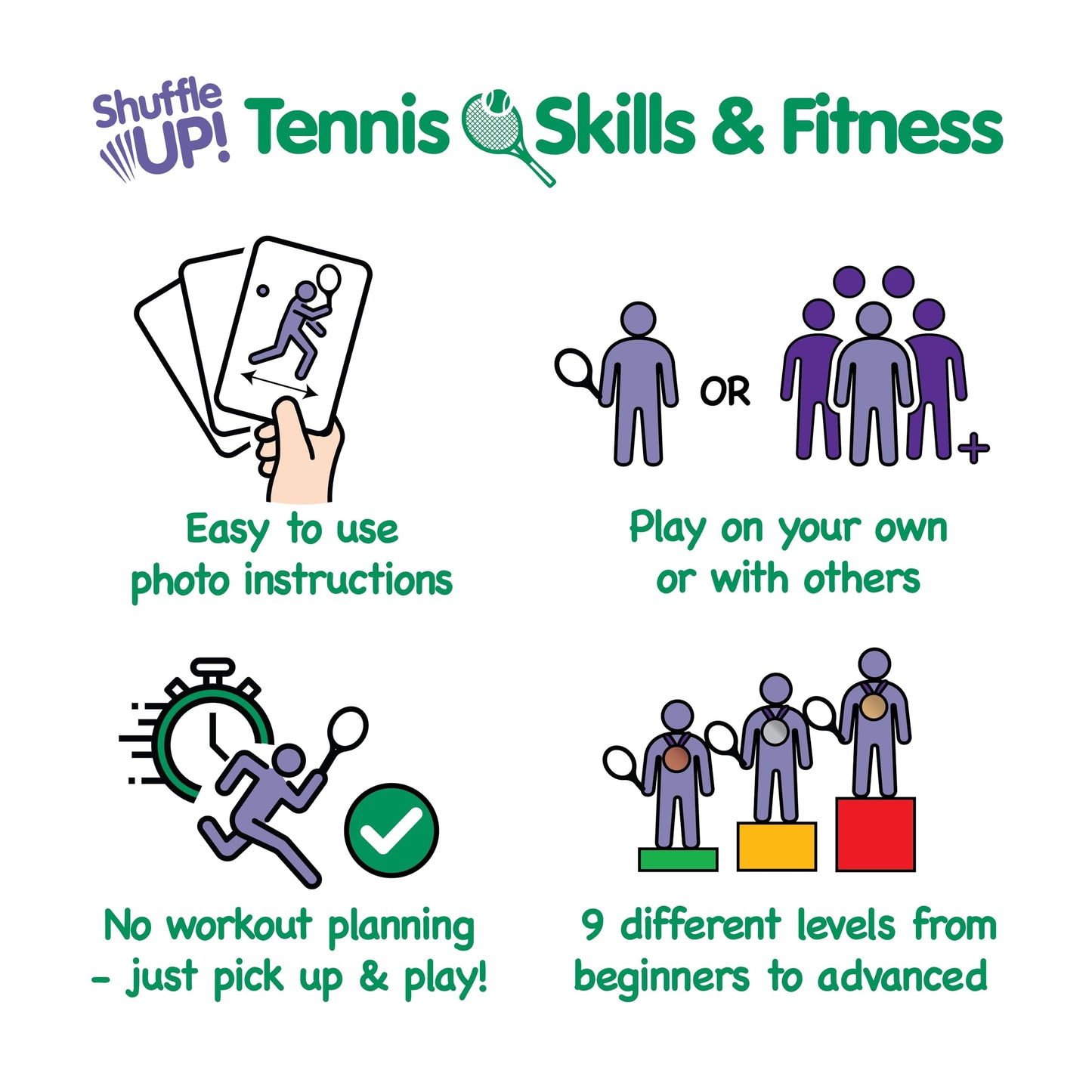 Shuffle Up Tennis Card Games – 70+ Skill Cards, 2 Dice Included, Easy Active Play for Kids