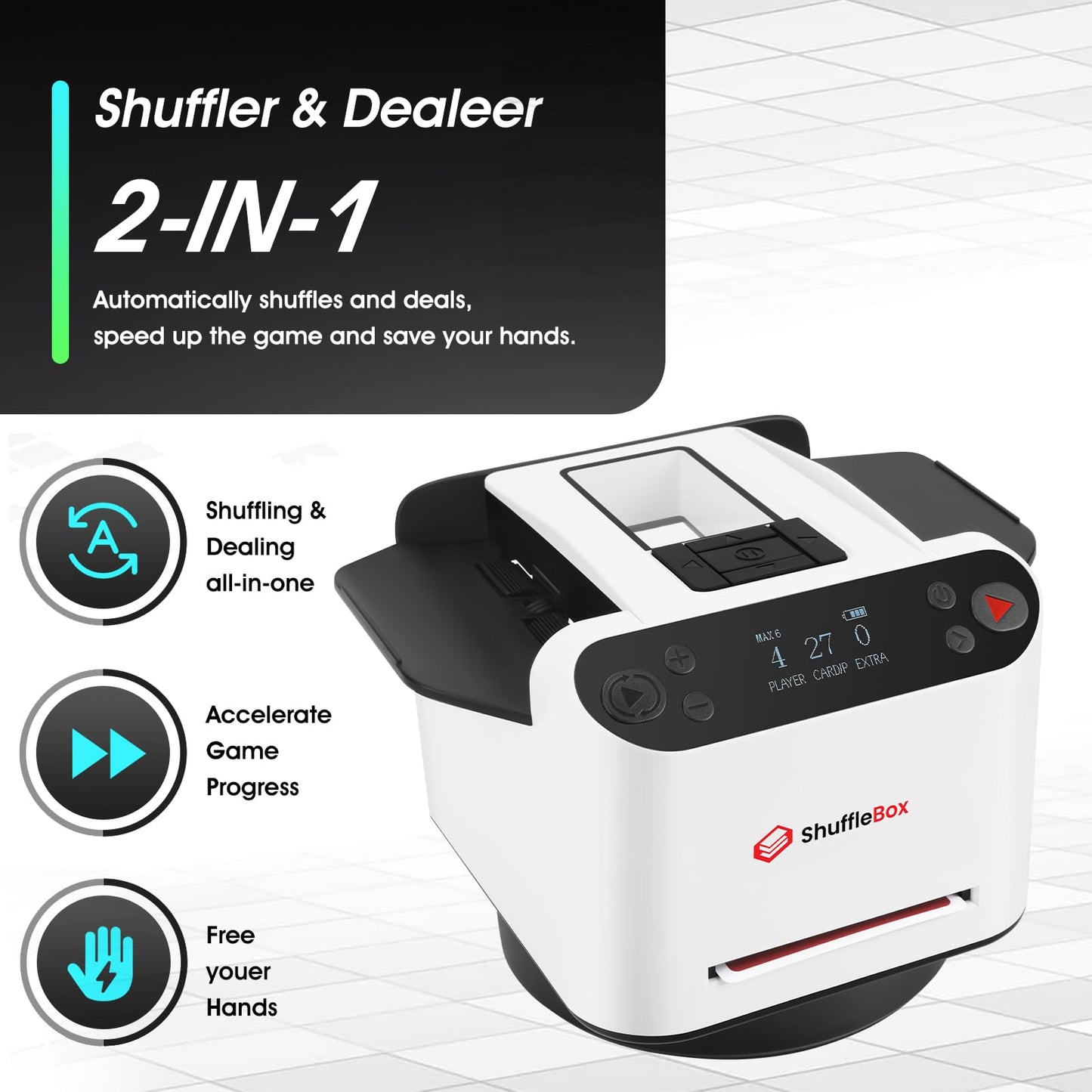 ShuffleBox G1 Pro 2025 – Automatic Card Shuffler & 12-Player Dealer (Ultra Quiet, Rechargeable)