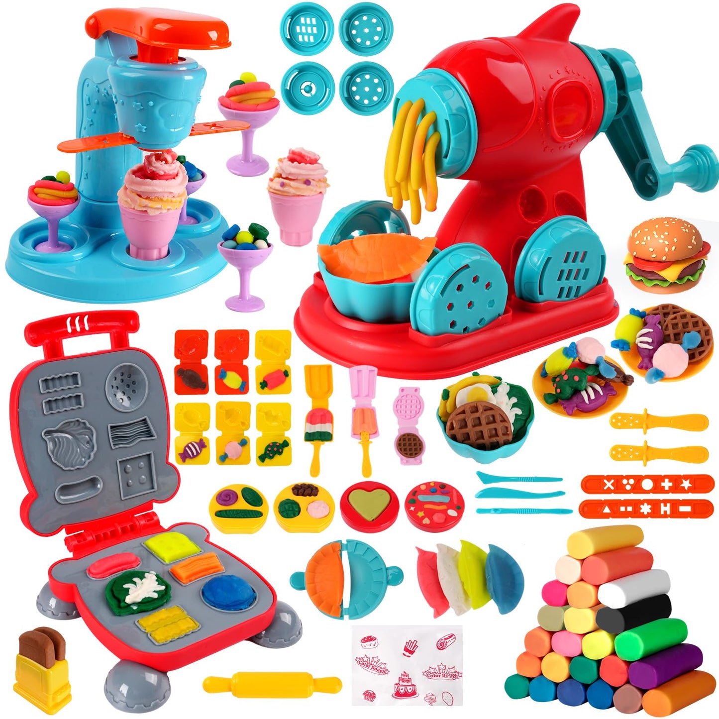 Shunshoon 3-in-1 Color Dough Kitchen Set for Kids 3-8 – 24 Colors with Ice Cream, Noodle & Hamburger Makers