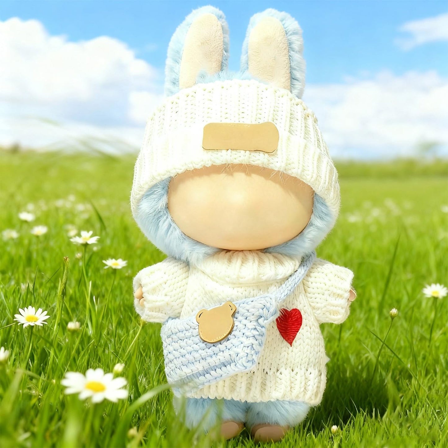 SHUOXUKE 3-Piece Crochet Doll Outfit Set for 17cm Dolls | White Heart Sweater, Hat & Blue Bag