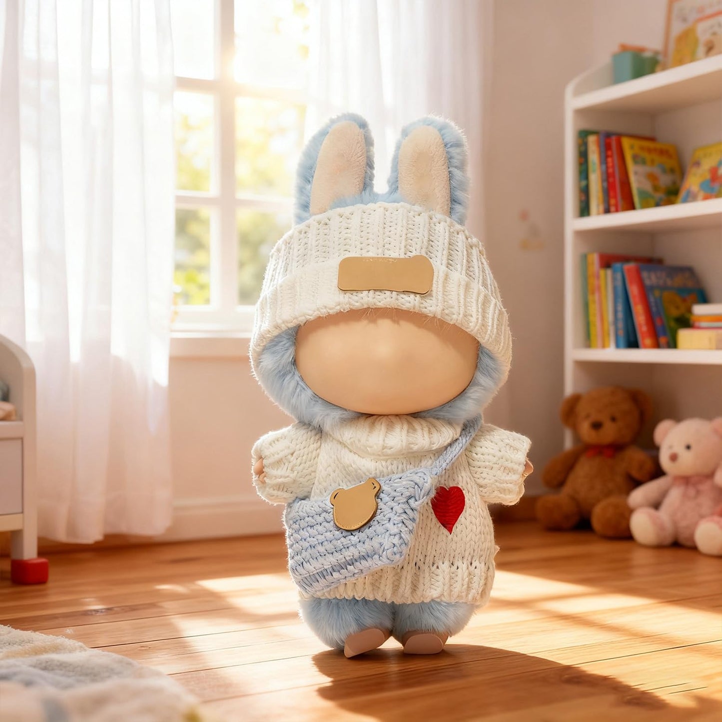 SHUOXUKE 3-Piece Crochet Doll Outfit Set for 17cm Dolls | White Heart Sweater, Hat & Blue Bag