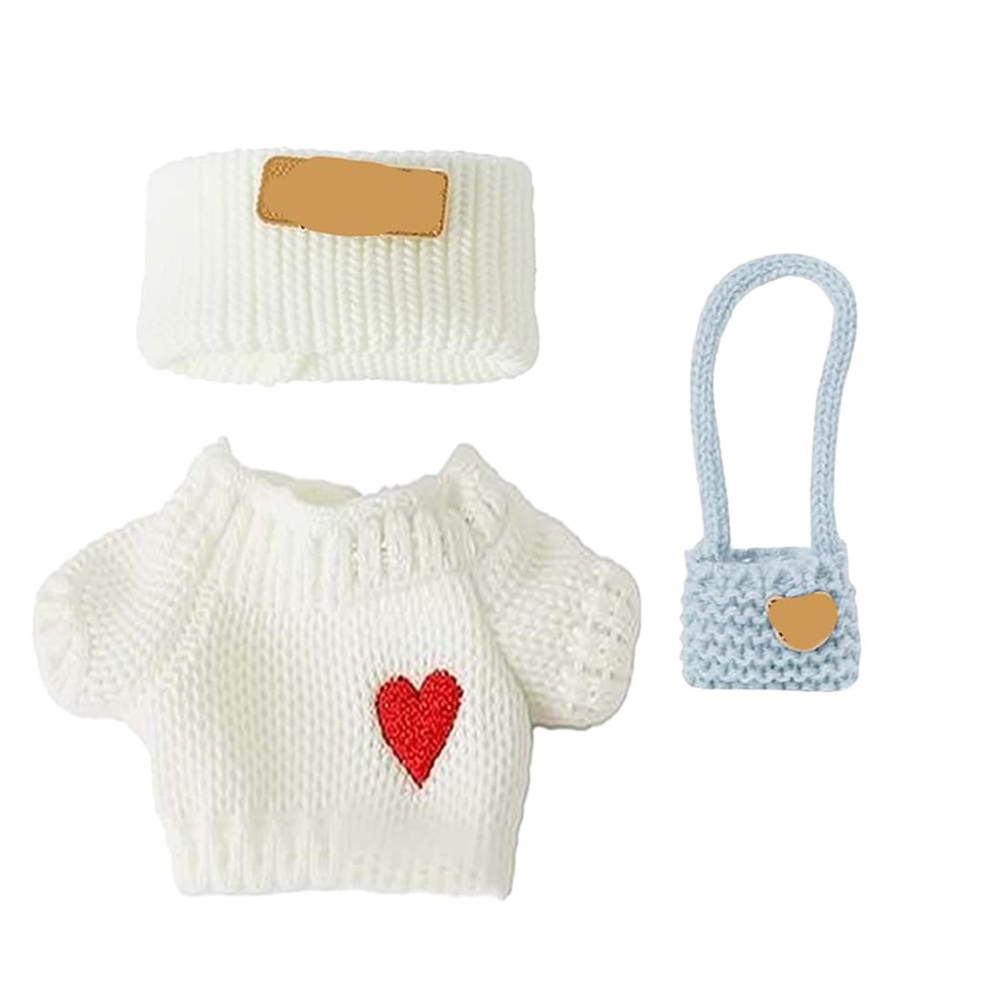 SHUOXUKE 3-Piece Crochet Doll Outfit Set for 17cm Dolls | White Heart Sweater, Hat & Blue Bag