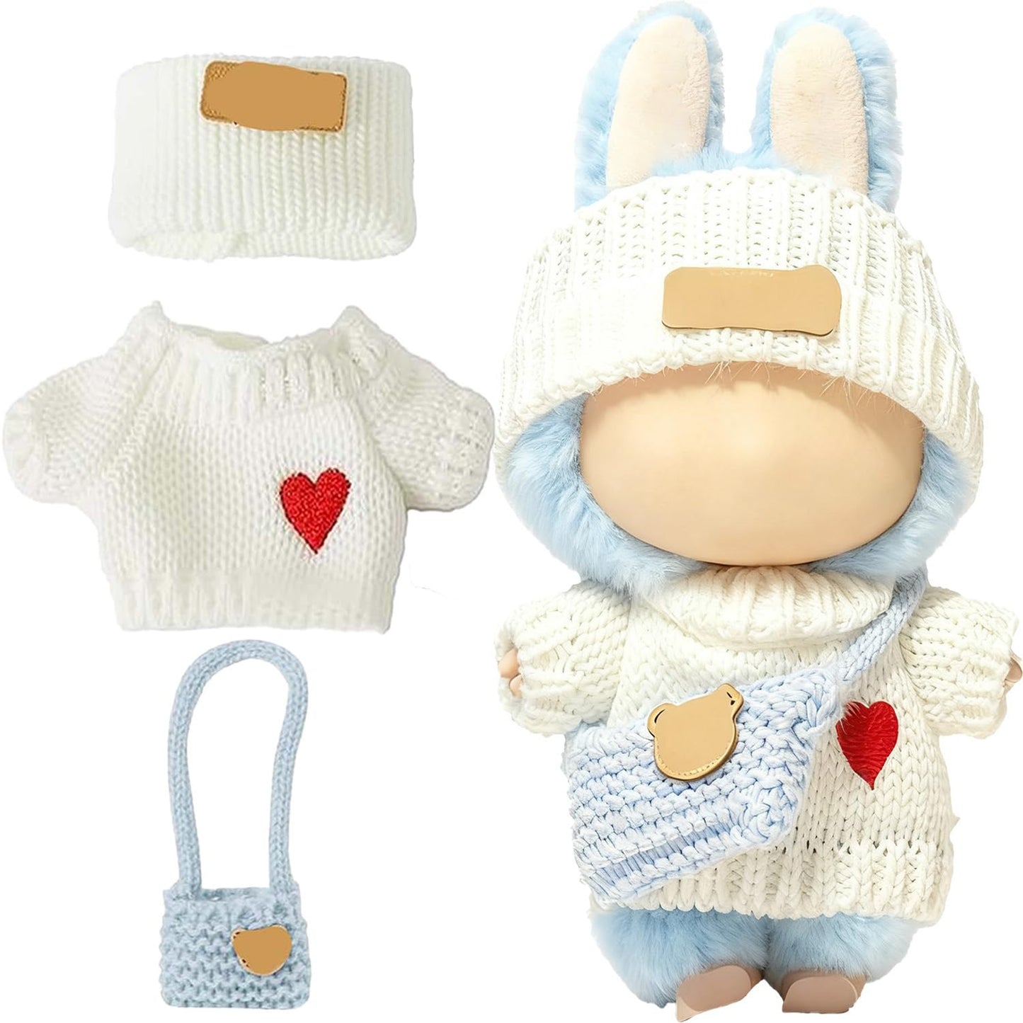 SHUOXUKE 3-Piece Crochet Doll Outfit Set for 17cm Dolls | White Heart Sweater, Hat & Blue Bag