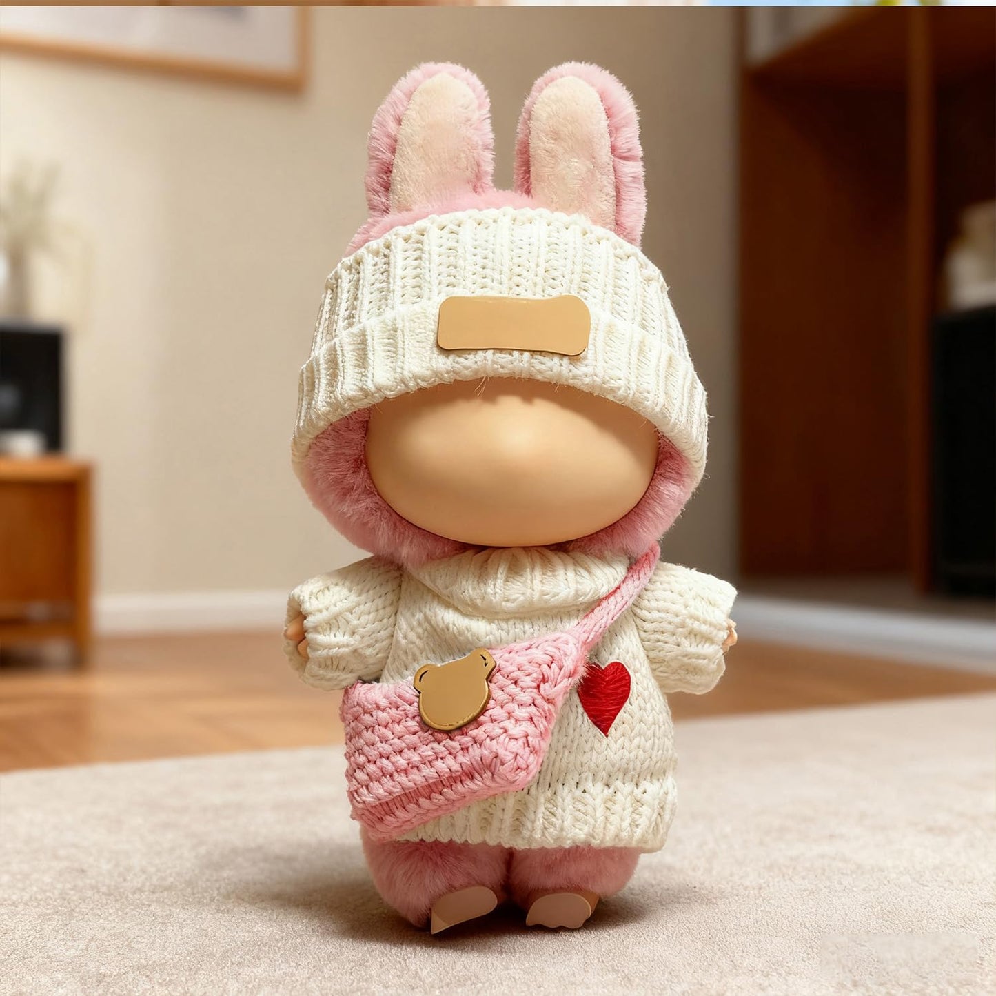 SHUOXUKE 17cm Dolls Outfit Set - 3-Piece Crochet Accessories with White Heart Sweater, Hat & Pink Bag