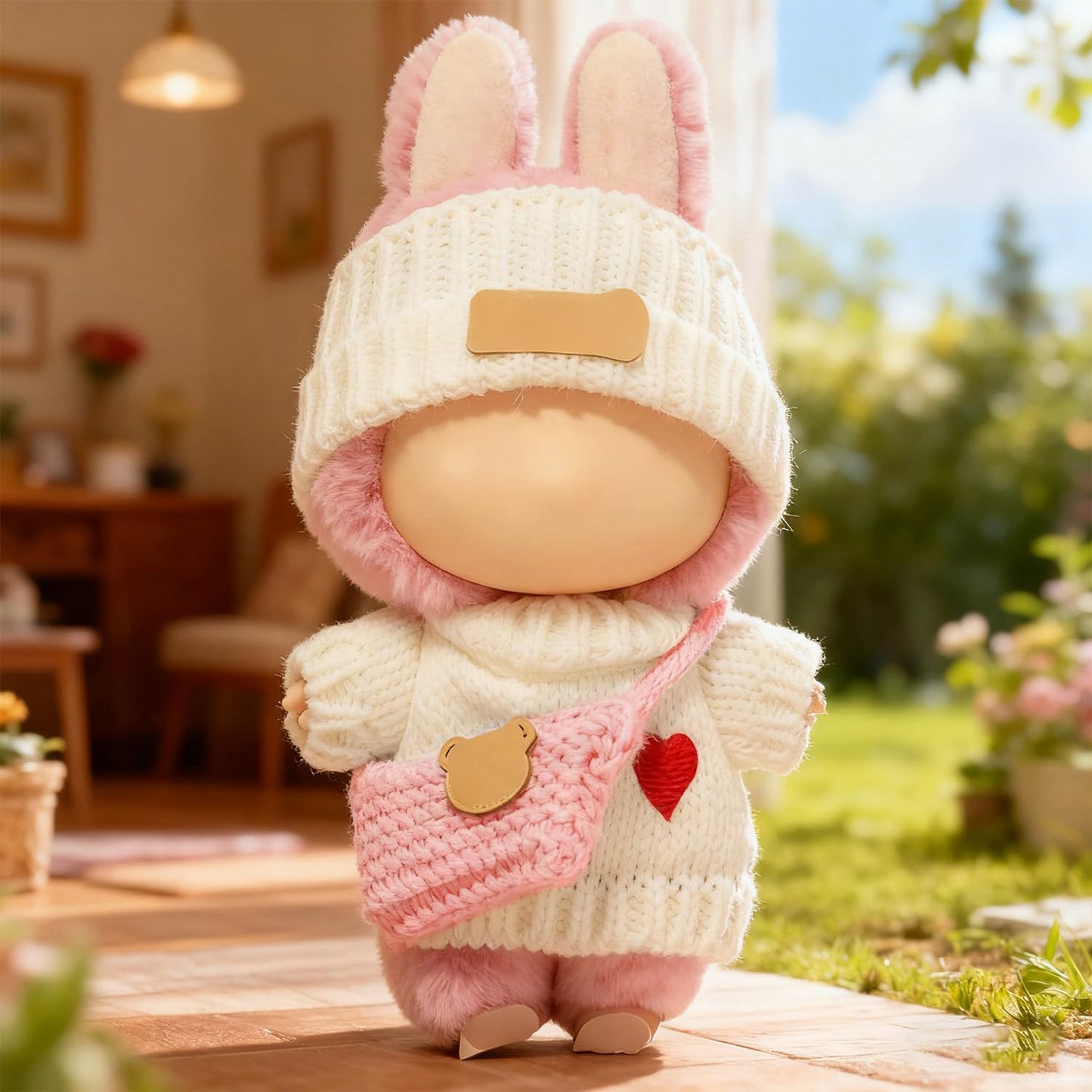 SHUOXUKE 17cm Dolls Outfit Set - 3-Piece Crochet Accessories with White Heart Sweater, Hat & Pink Bag