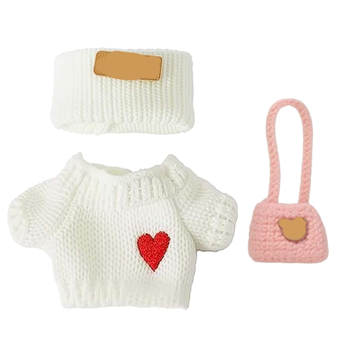 SHUOXUKE 17cm Dolls Outfit Set - 3-Piece Crochet Accessories with White Heart Sweater, Hat & Pink Bag