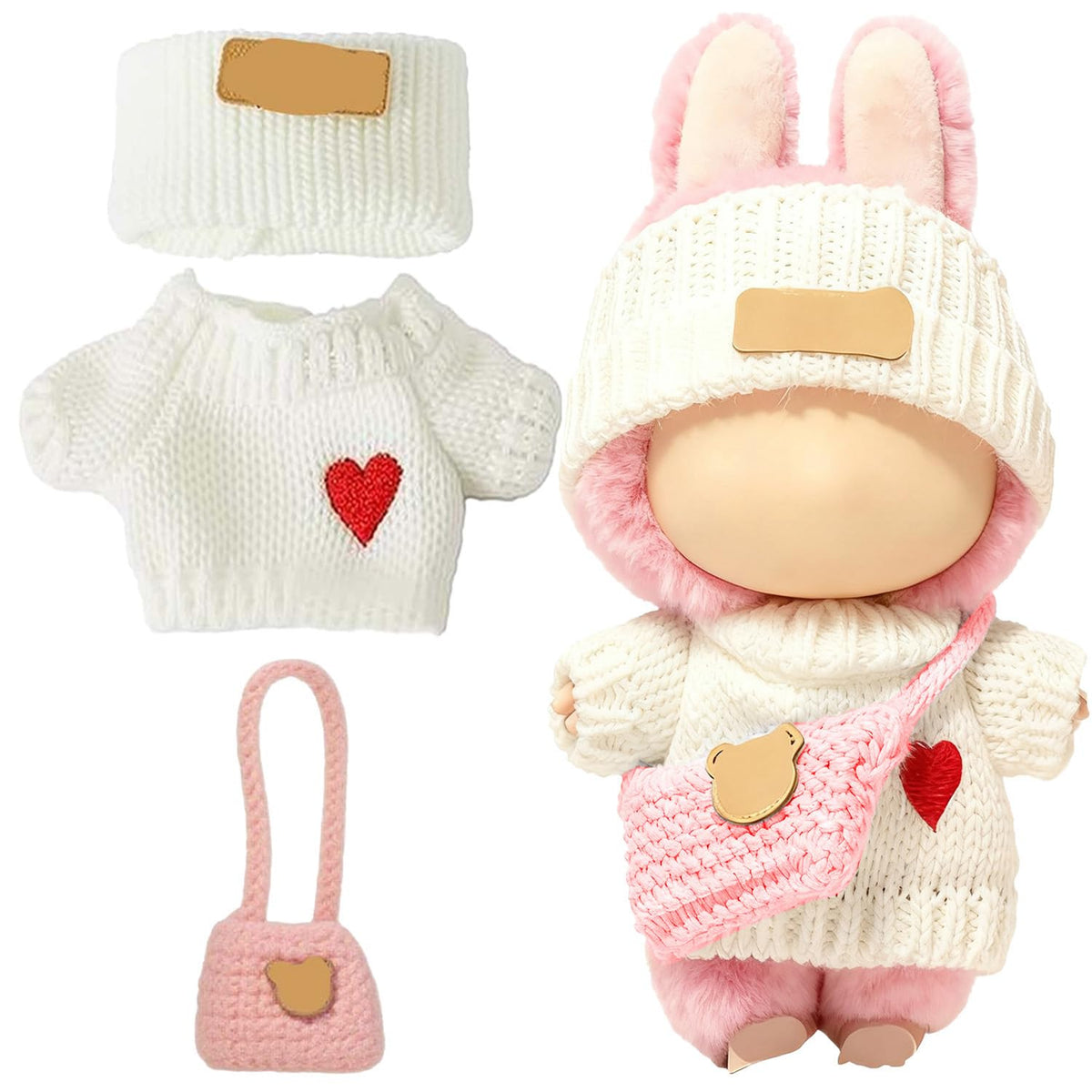 SHUOXUKE 17cm Dolls Outfit Set - 3-Piece Crochet Accessories with White Heart Sweater, Hat & Pink Bag