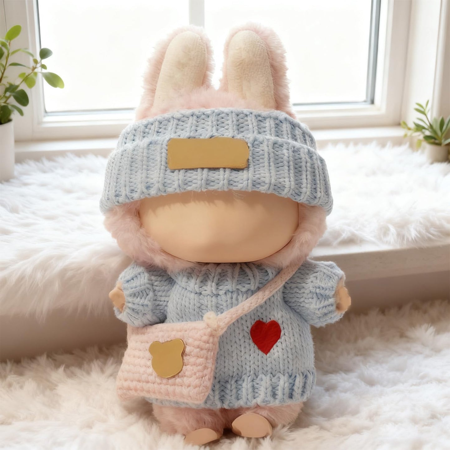 SHUOXUKE 3-Piece Crochet Doll Outfit Set for 17cm Dolls – Blue Heart Sweater, Hat & Pink Bag