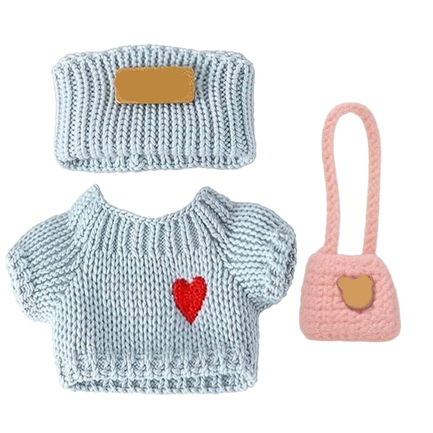 SHUOXUKE 3-Piece Crochet Doll Outfit Set for 17cm Dolls – Blue Heart Sweater, Hat & Pink Bag