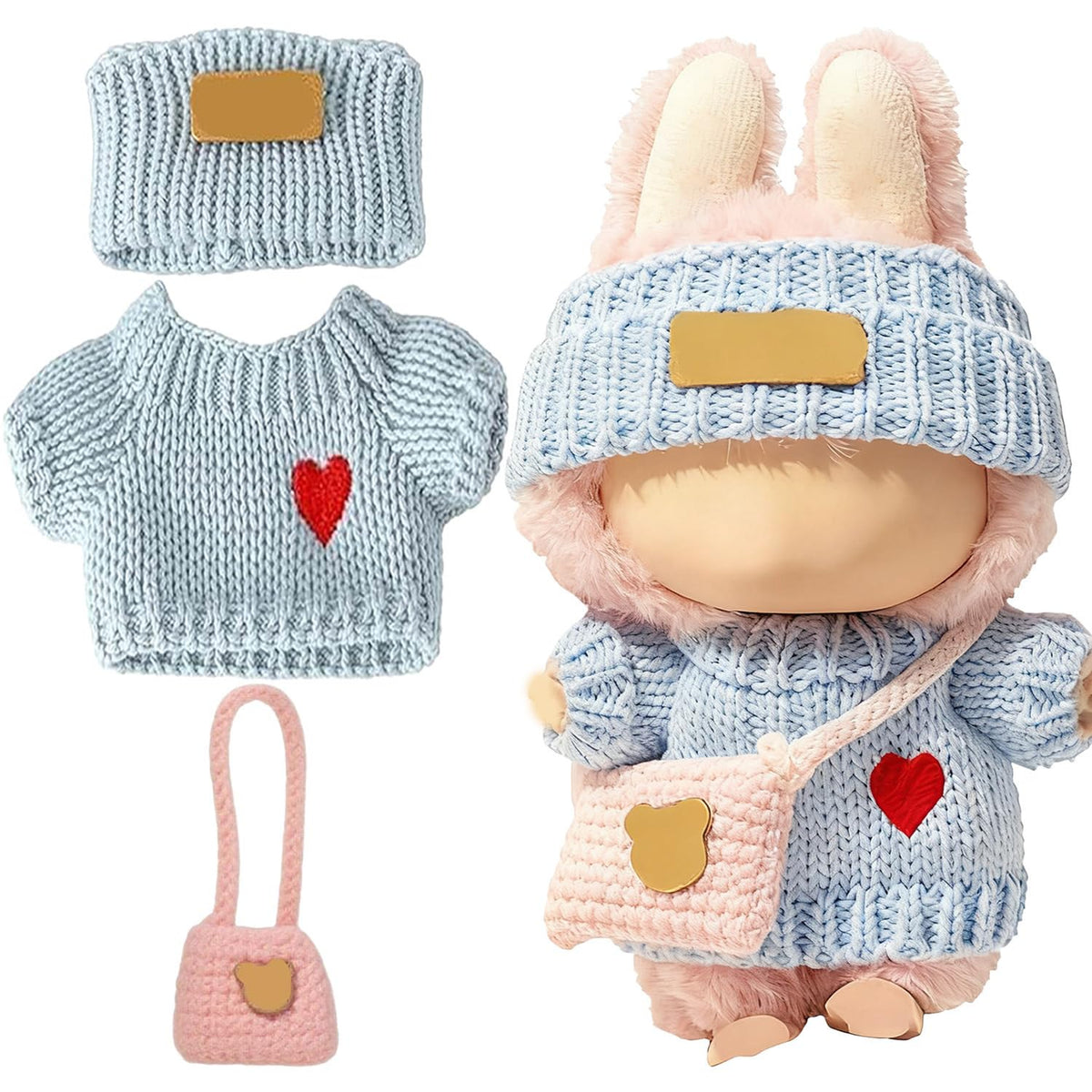 SHUOXUKE 3-Piece Crochet Doll Outfit Set for 17cm Dolls – Blue Heart Sweater, Hat & Pink Bag
