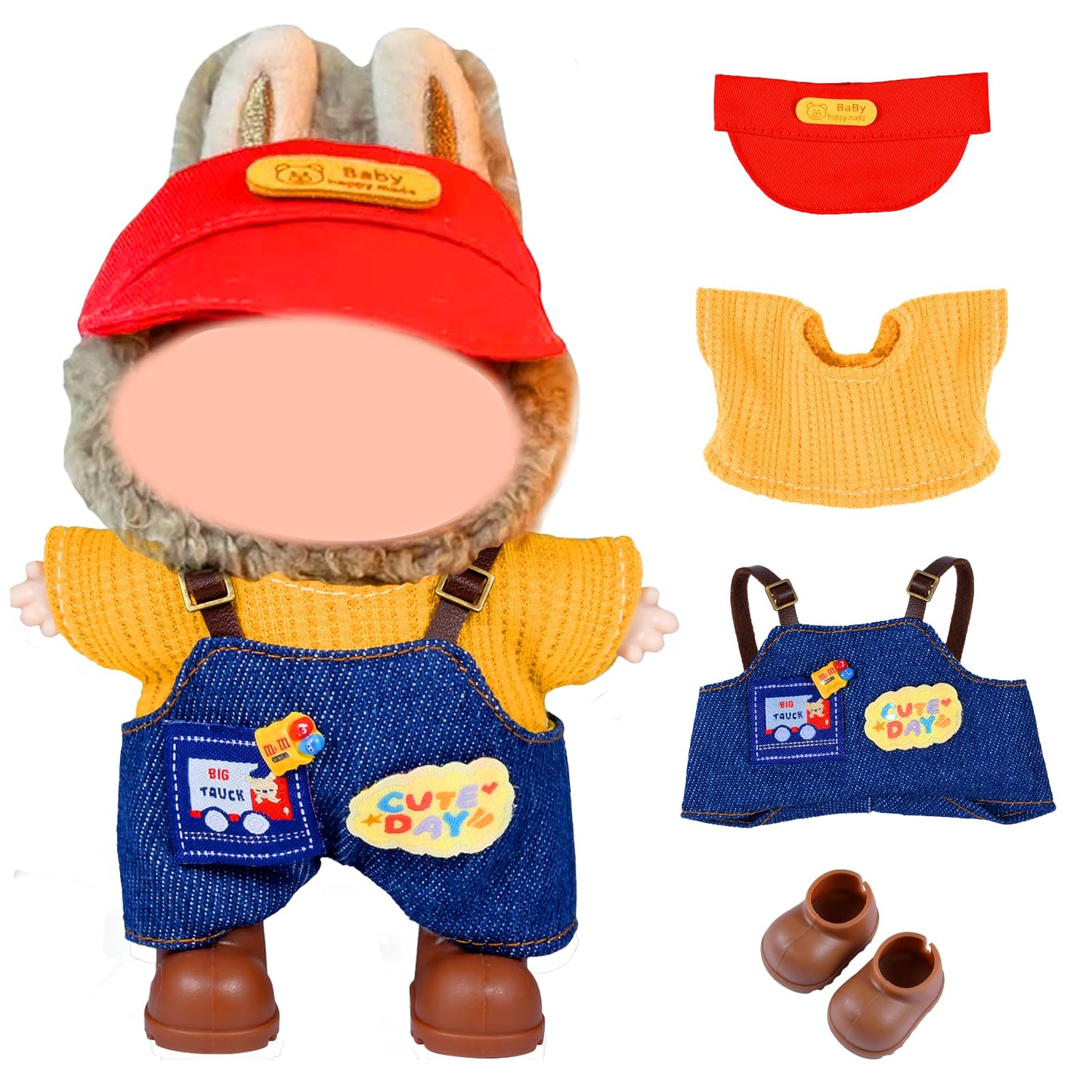 SHUOXUKE Doll Clothes Set for 15cm/17cm – Red Hat, Overalls & Brown Shoes