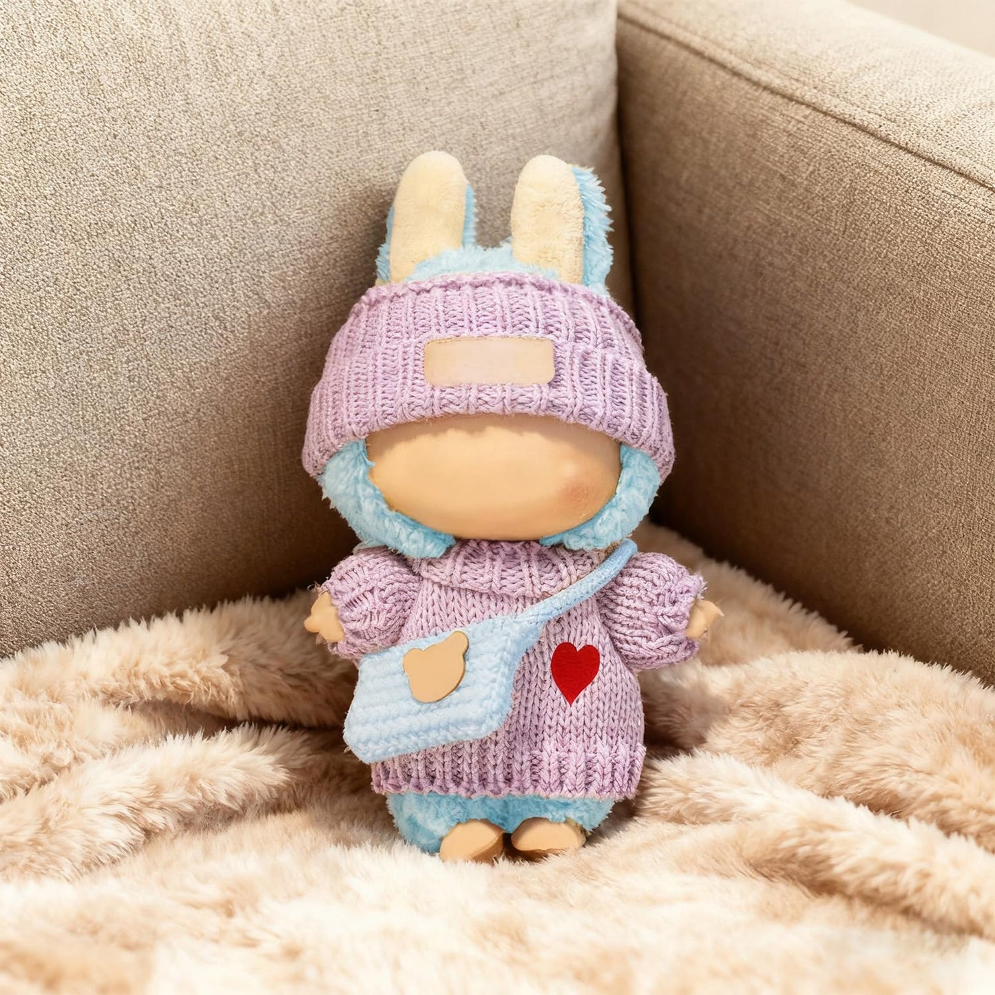SHUOXUKE 3-Piece Crochet Doll Outfit Set for 6.7-Inch Dolls (No Doll) – Purple Sweater, Hat & Blue Bag