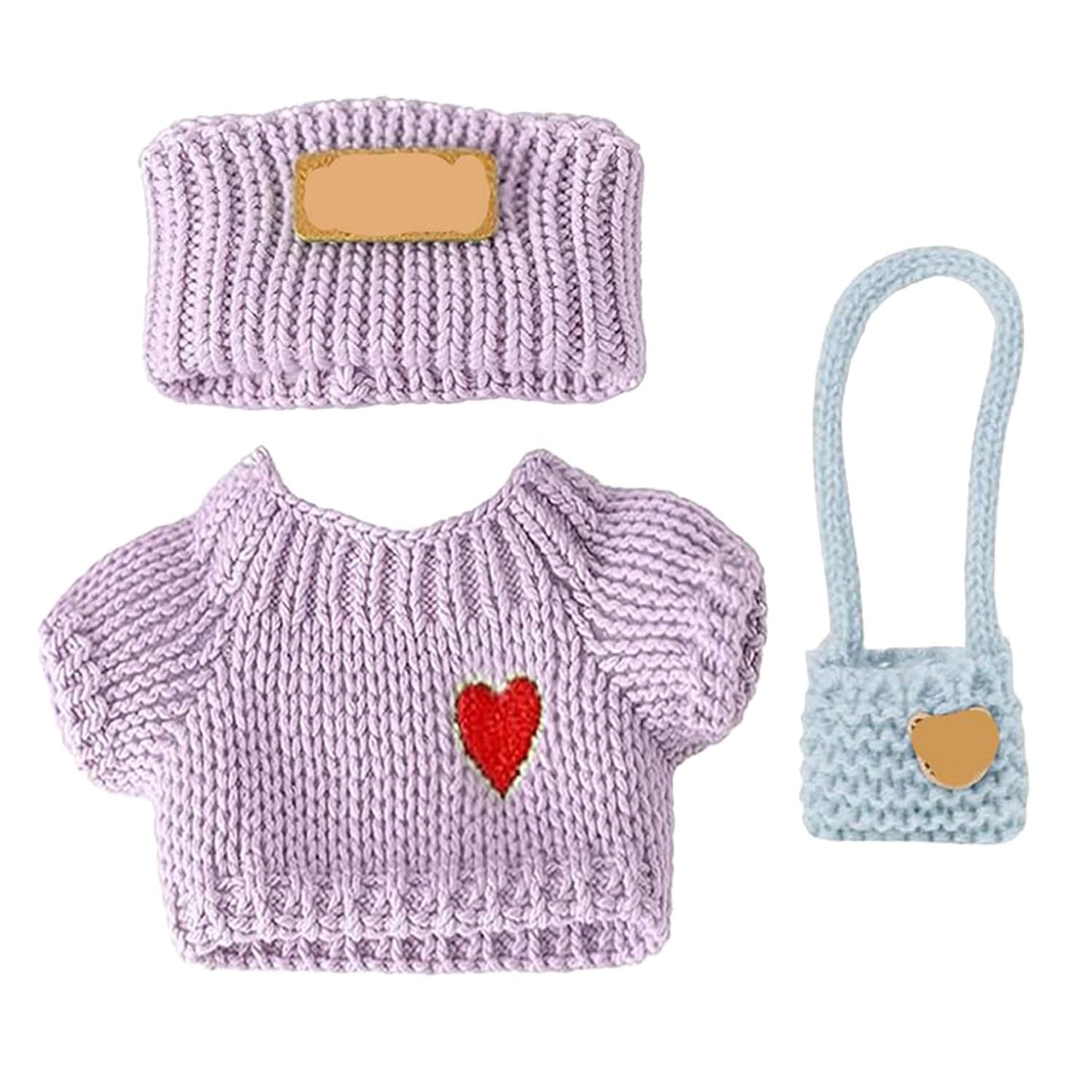 SHUOXUKE 3-Piece Crochet Doll Outfit Set for 6.7-Inch Dolls (No Doll) – Purple Sweater, Hat & Blue Bag