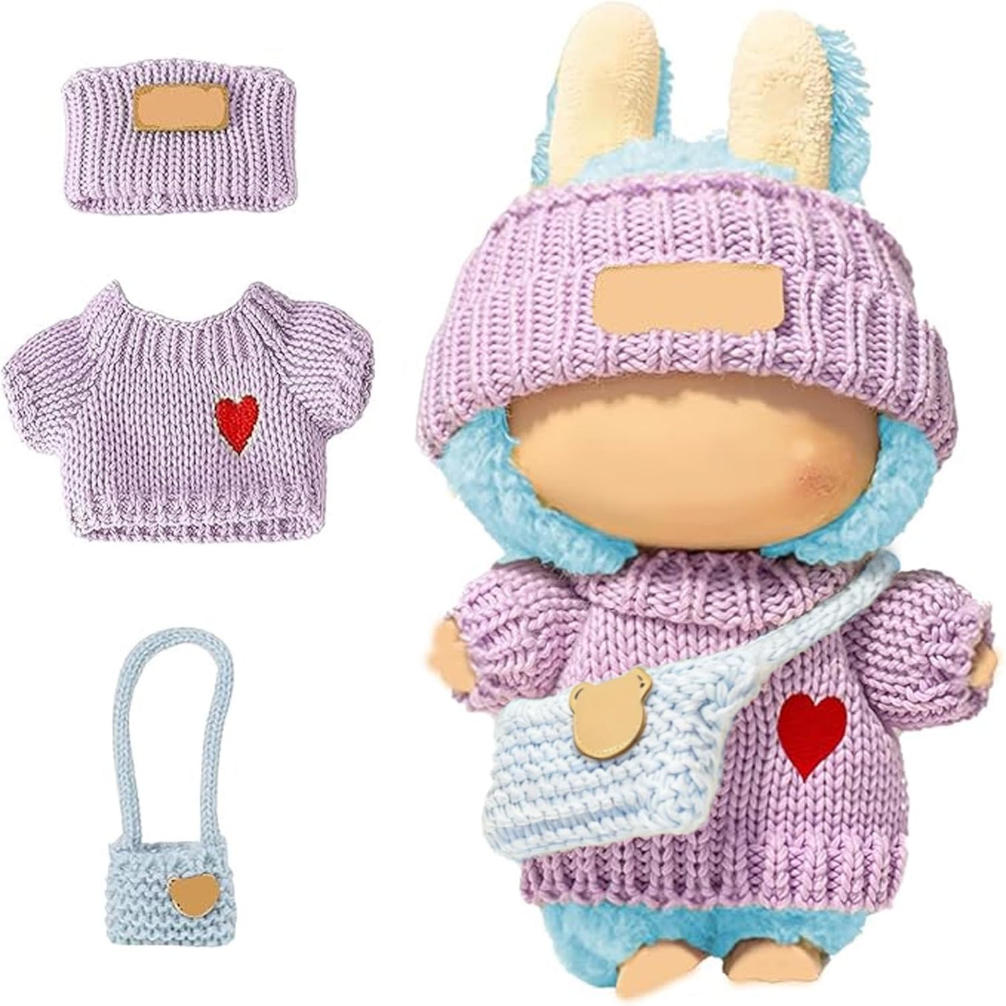 SHUOXUKE 3-Piece Crochet Doll Outfit Set for 6.7-Inch Dolls (No Doll) – Purple Sweater, Hat & Blue Bag