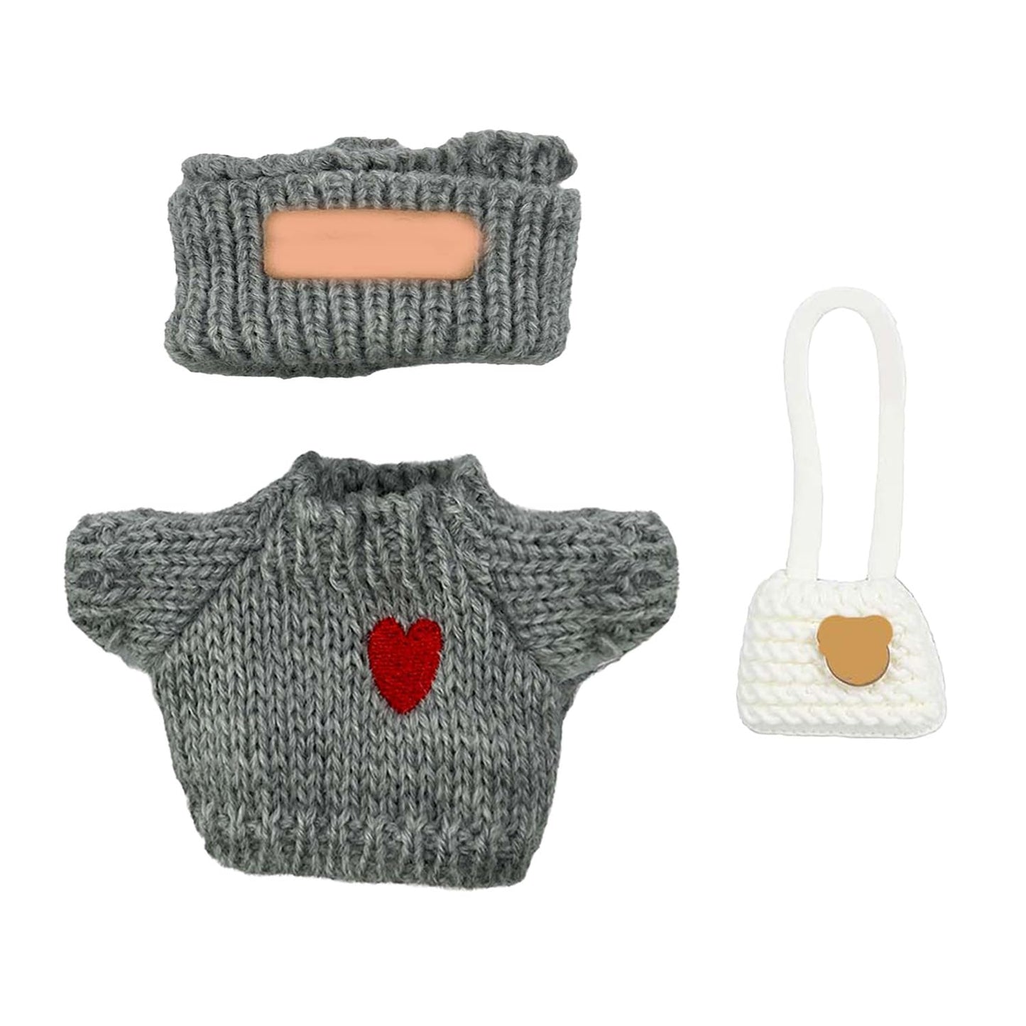 SHUOXUKE 3-Piece Crochet Doll Outfit Set for 17cm Dolls – Grey Heart Sweater, Hat & White Bag