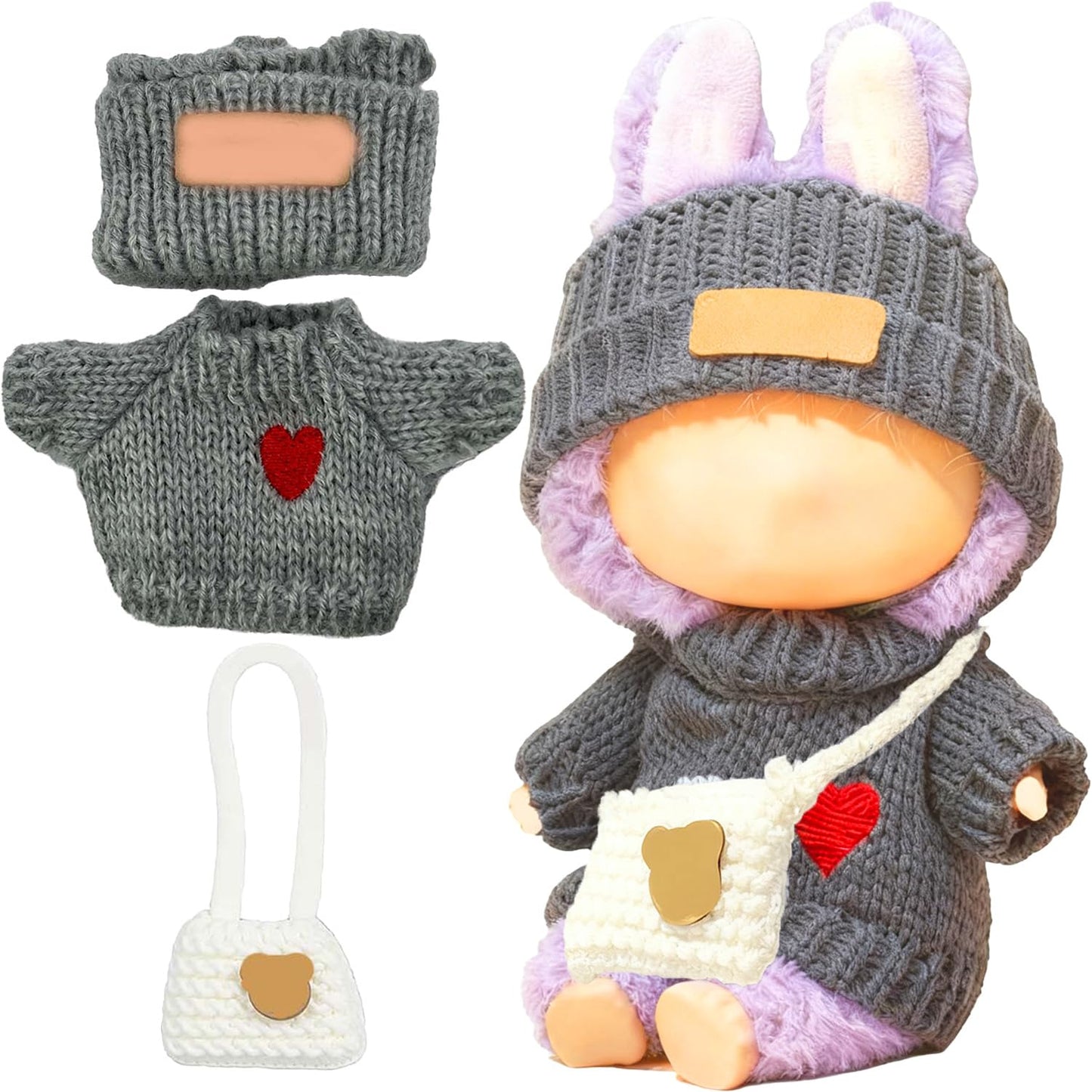 SHUOXUKE 3-Piece Crochet Doll Outfit Set for 17cm Dolls – Grey Heart Sweater, Hat & White Bag