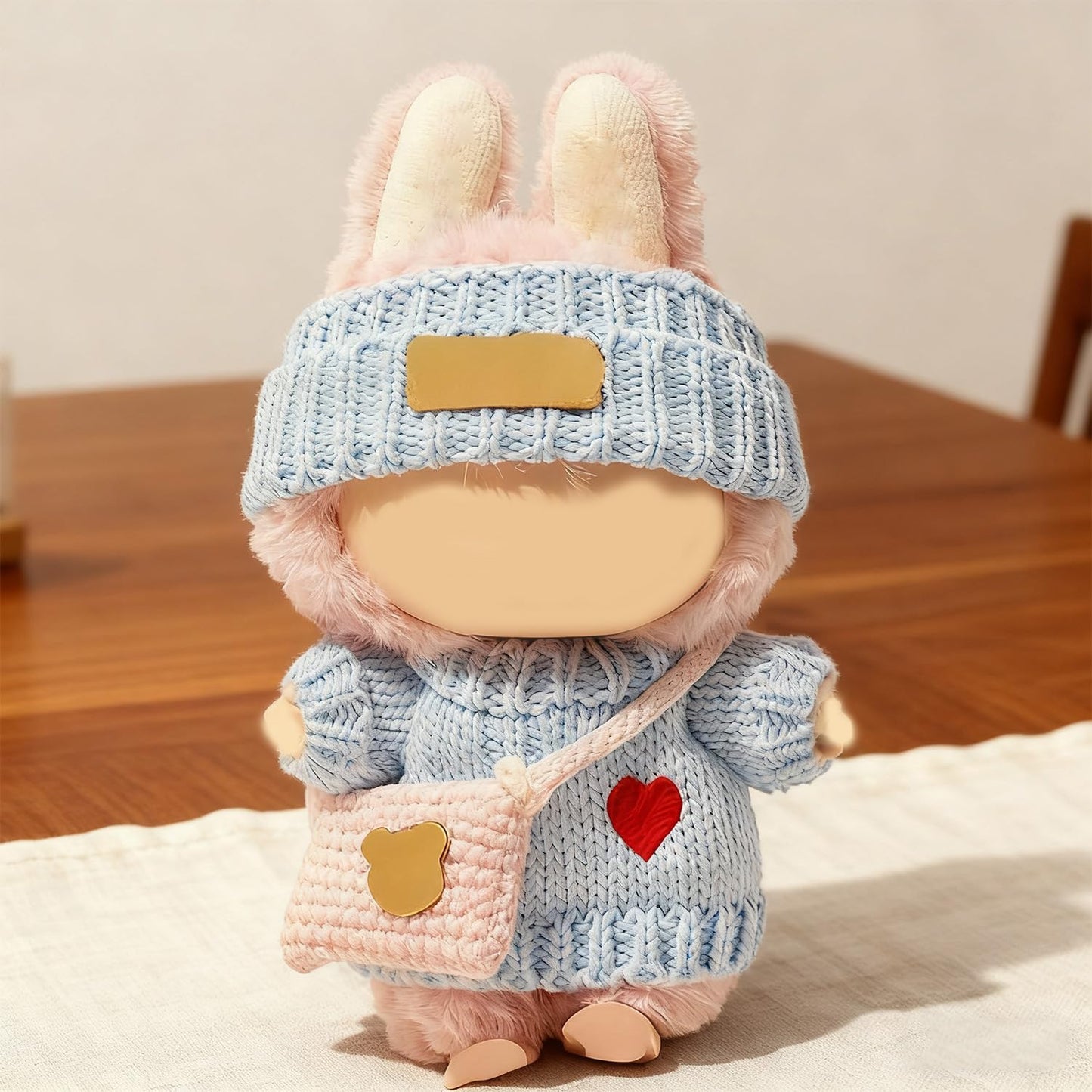 SHUOXUKE 3-Piece Crochet Doll Outfit Set for 17cm Dolls – Blue Heart Sweater, Hat & Pink Bag