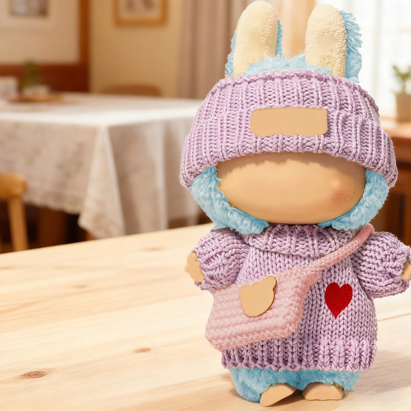 SHUOXUKE 3-Piece Crochet Doll Outfit for 17cm Dolls – Purple Sweater, Hat & Pink Bag