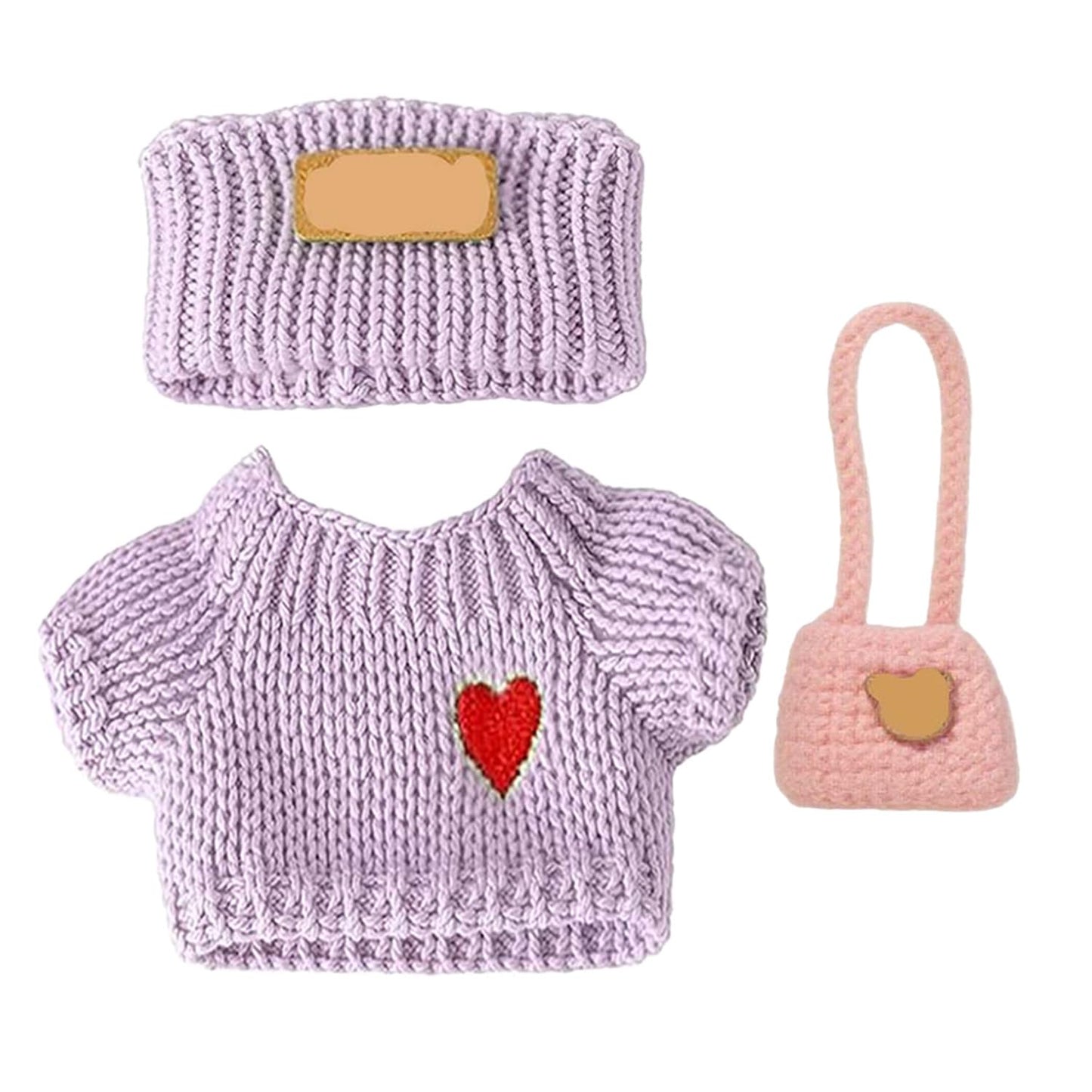 SHUOXUKE 3-Piece Crochet Doll Outfit for 17cm Dolls – Purple Sweater, Hat & Pink Bag