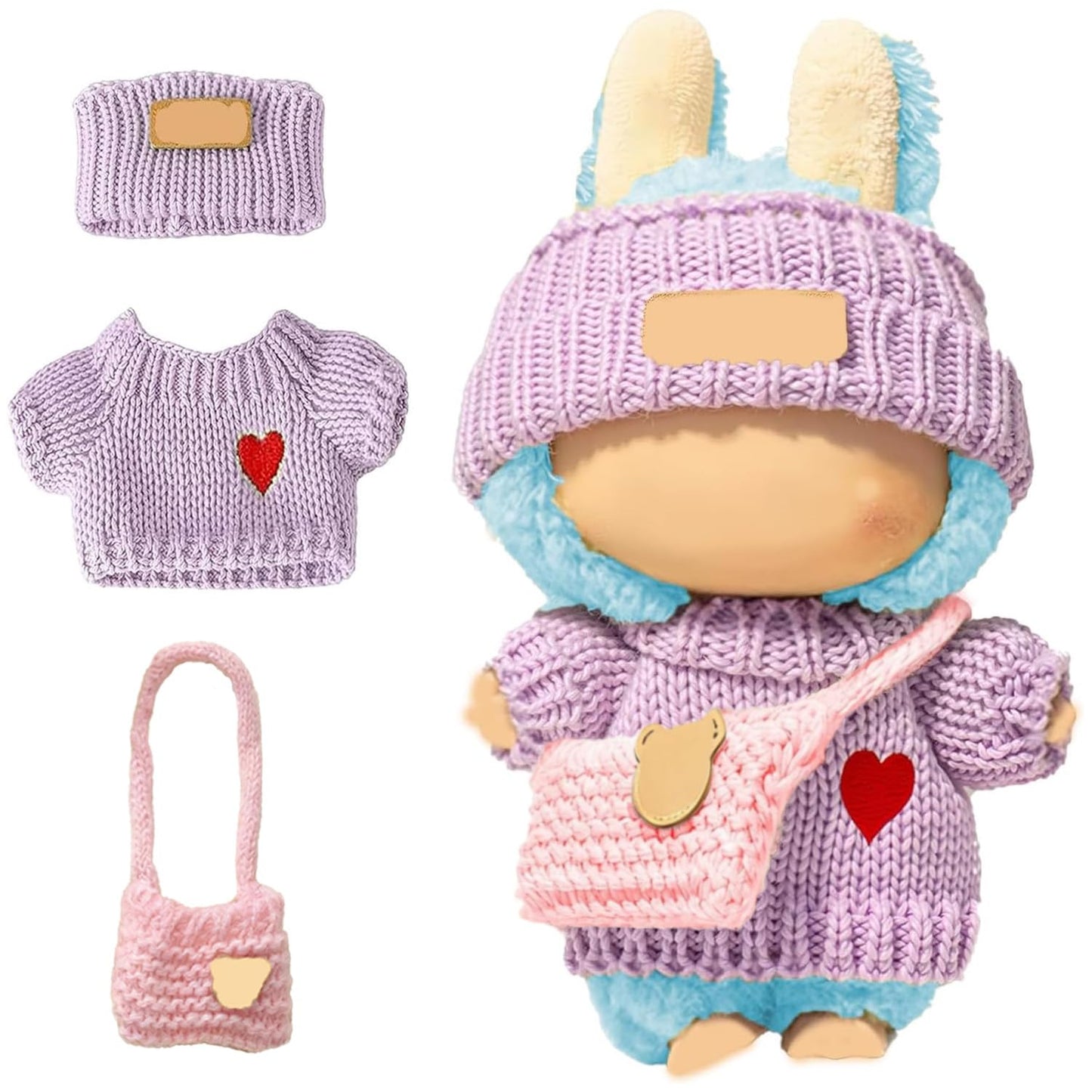 SHUOXUKE 3-Piece Crochet Doll Outfit for 17cm Dolls – Purple Sweater, Hat & Pink Bag