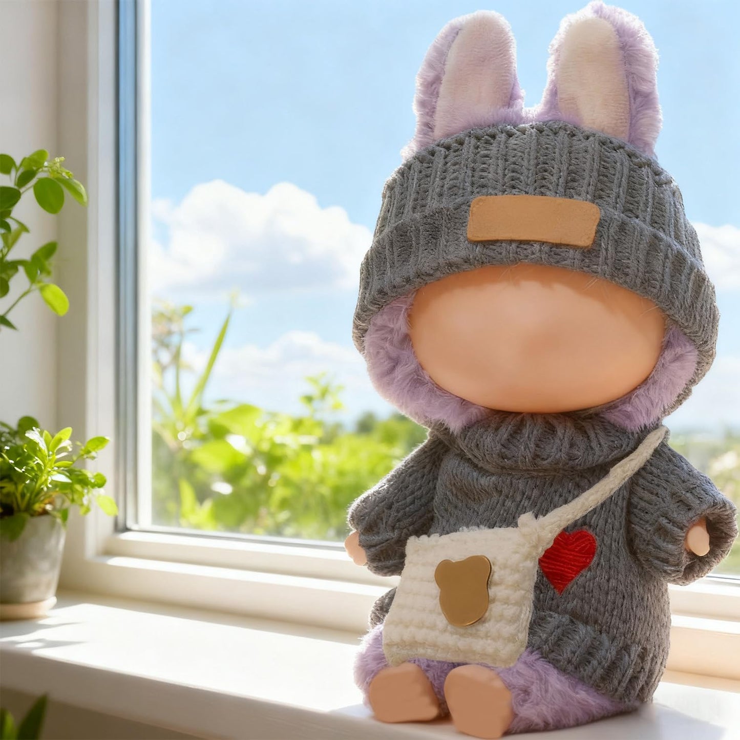 SHUOXUKE 3-Piece Crochet Doll Outfit Set for 17cm Dolls – Grey Heart Sweater, Hat & White Bag