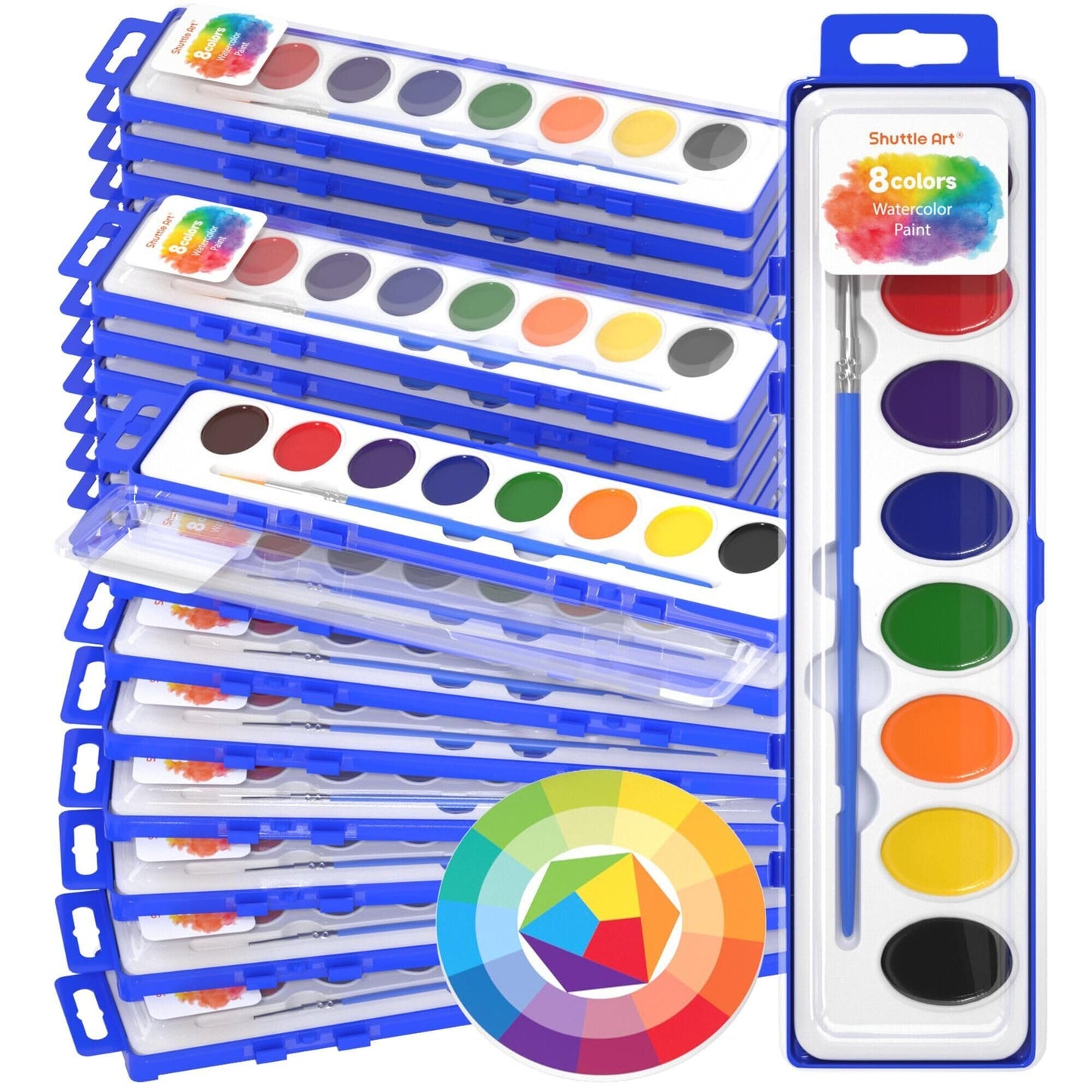 Shuttle Art 24 Pack Watercolor Paint Set with Brushes & Color Wheels – Non-Toxic & Classroom Ready
