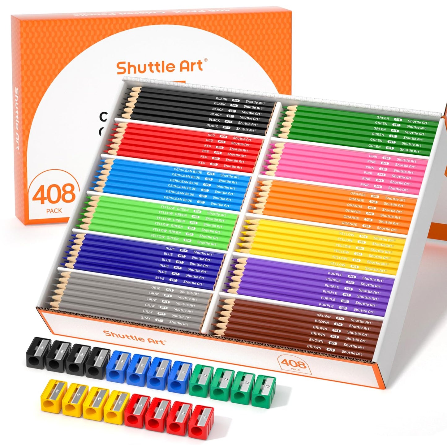 Shuttle Art 408 Pack Colored Pencils — 12 Colors + 20 Sharpeners (Classroom Bulk)