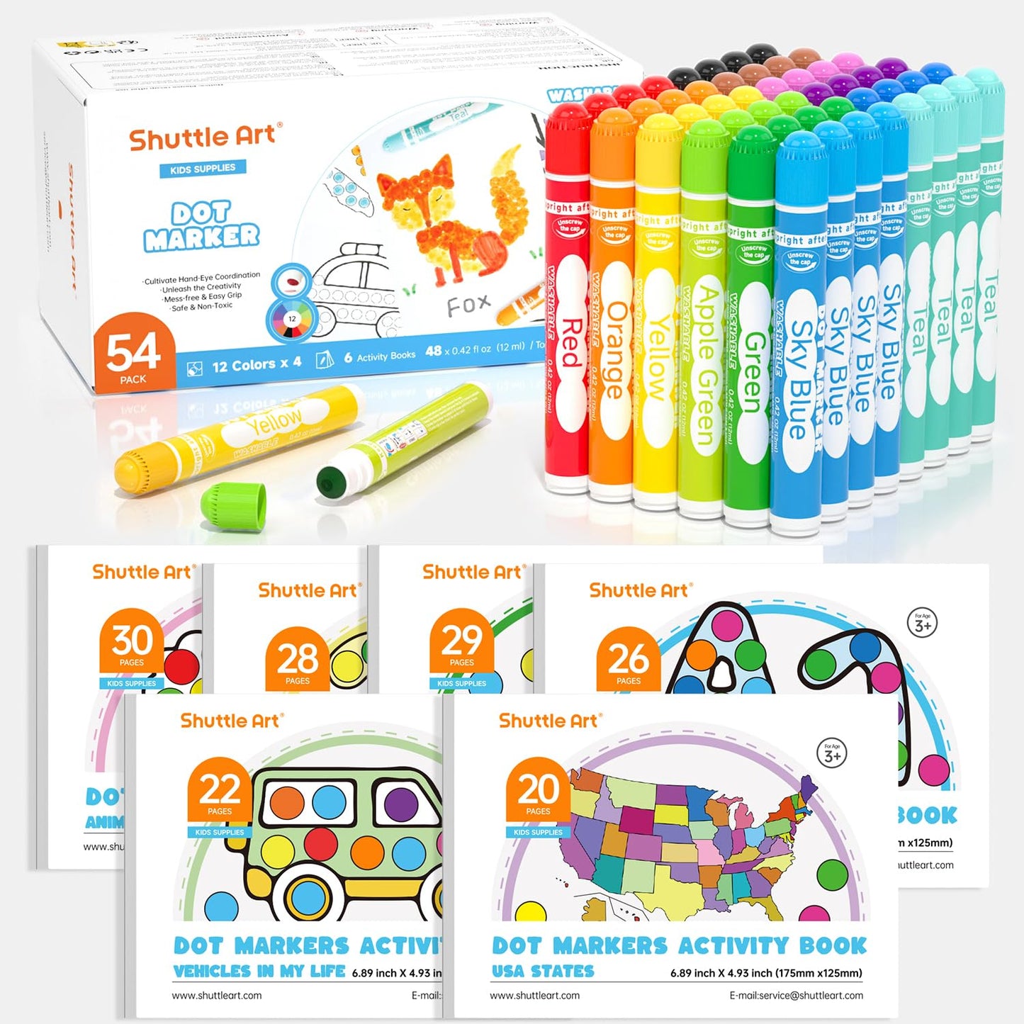 Shuttle Art 48 Pack Dot Markers – 12 Colors + 6 Activity Books | Non-Toxic Washable Markers