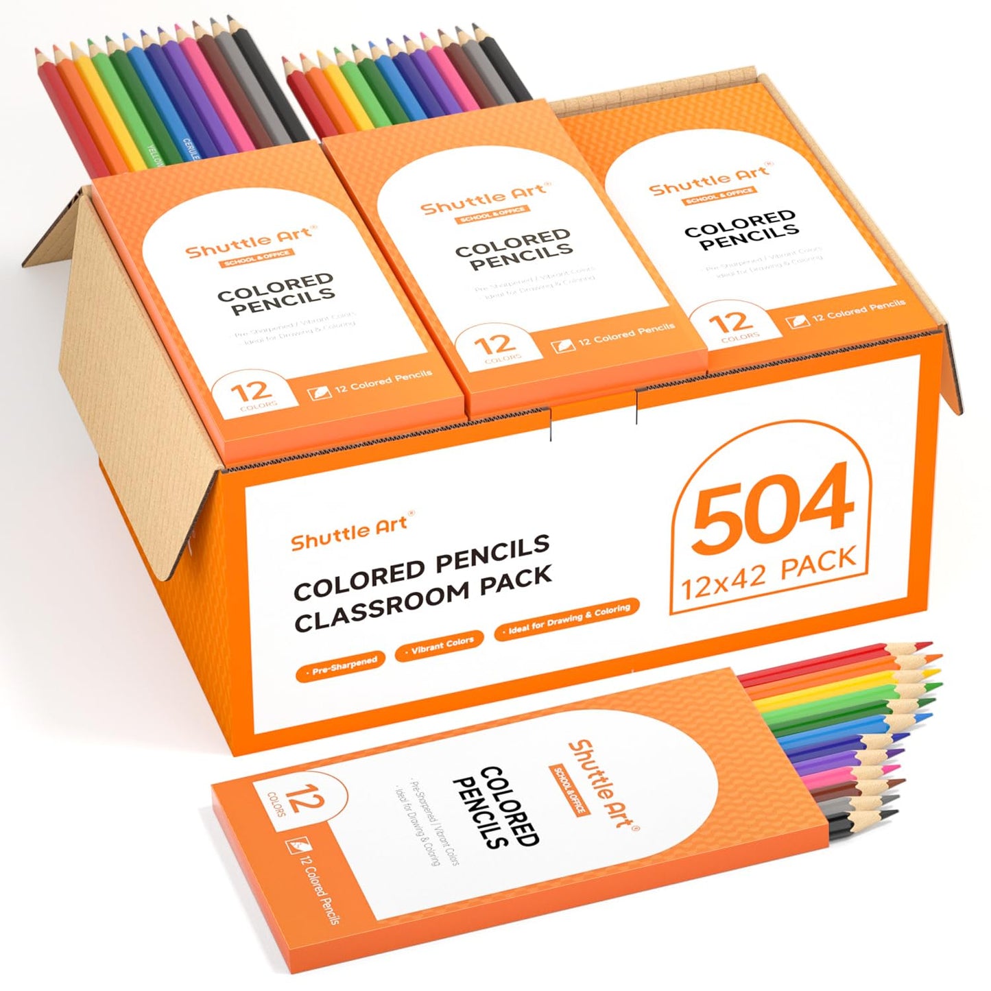 Shuttle Art 504-Pack Colored Pencils Bulk — Pack of 42, 12 Vibrant Colors, Pre-Sharpened, Break-Resistant