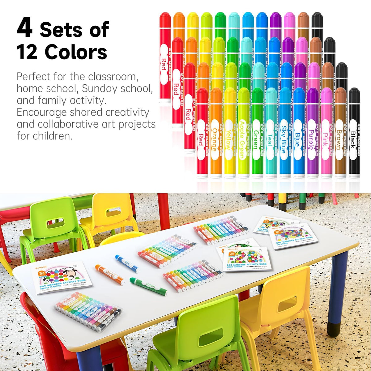 Shuttle Art 48 Pack Dot Markers – 12 Colors + 6 Activity Books | Non-Toxic Washable Markers