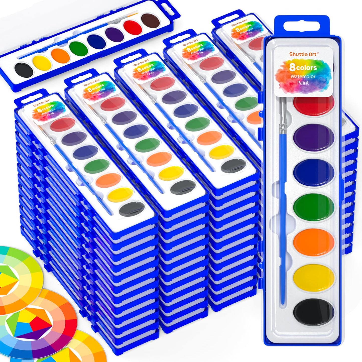 Shuttle Art 60 Pack Watercolor Set – 8 Colors, Brushes & Color Wheel | Non-Toxic, Classroom Ready