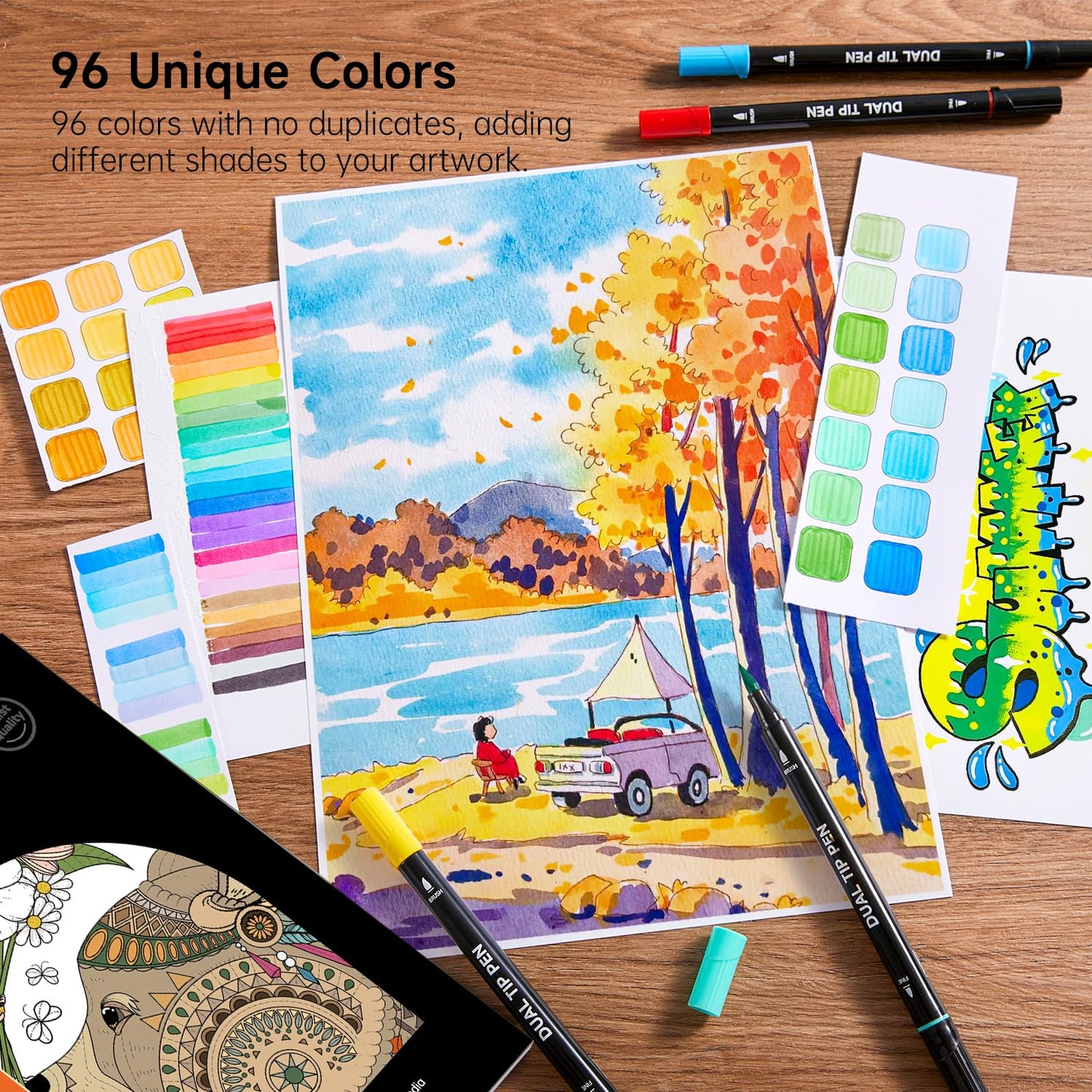 Shuttle Art Dual Tip Brush Pens – 96 Colours with Holder & Colouring Book