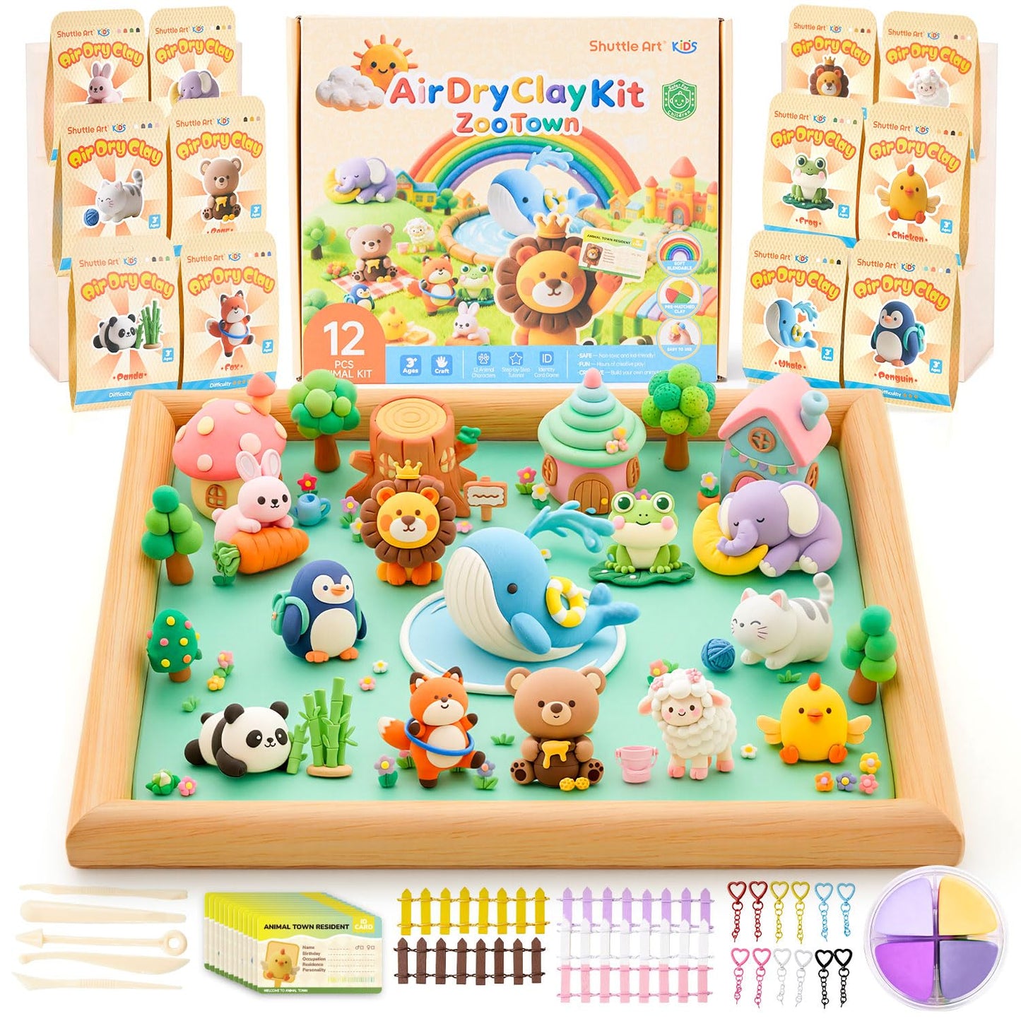 Shuttle Art Zoo Town 55-Piece Air Dry Clay Kit for Kids with Tutorials, Tools & Safe Non-Sticky Craft
